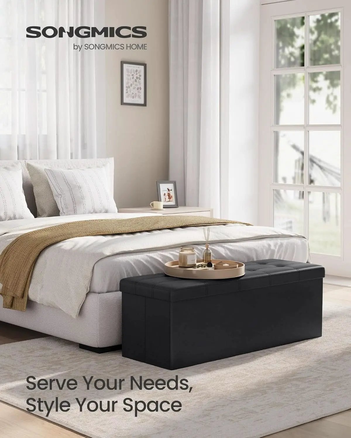43 Inch Folding Storage Ottoman Black Synthetic Leather from PriceLows™
