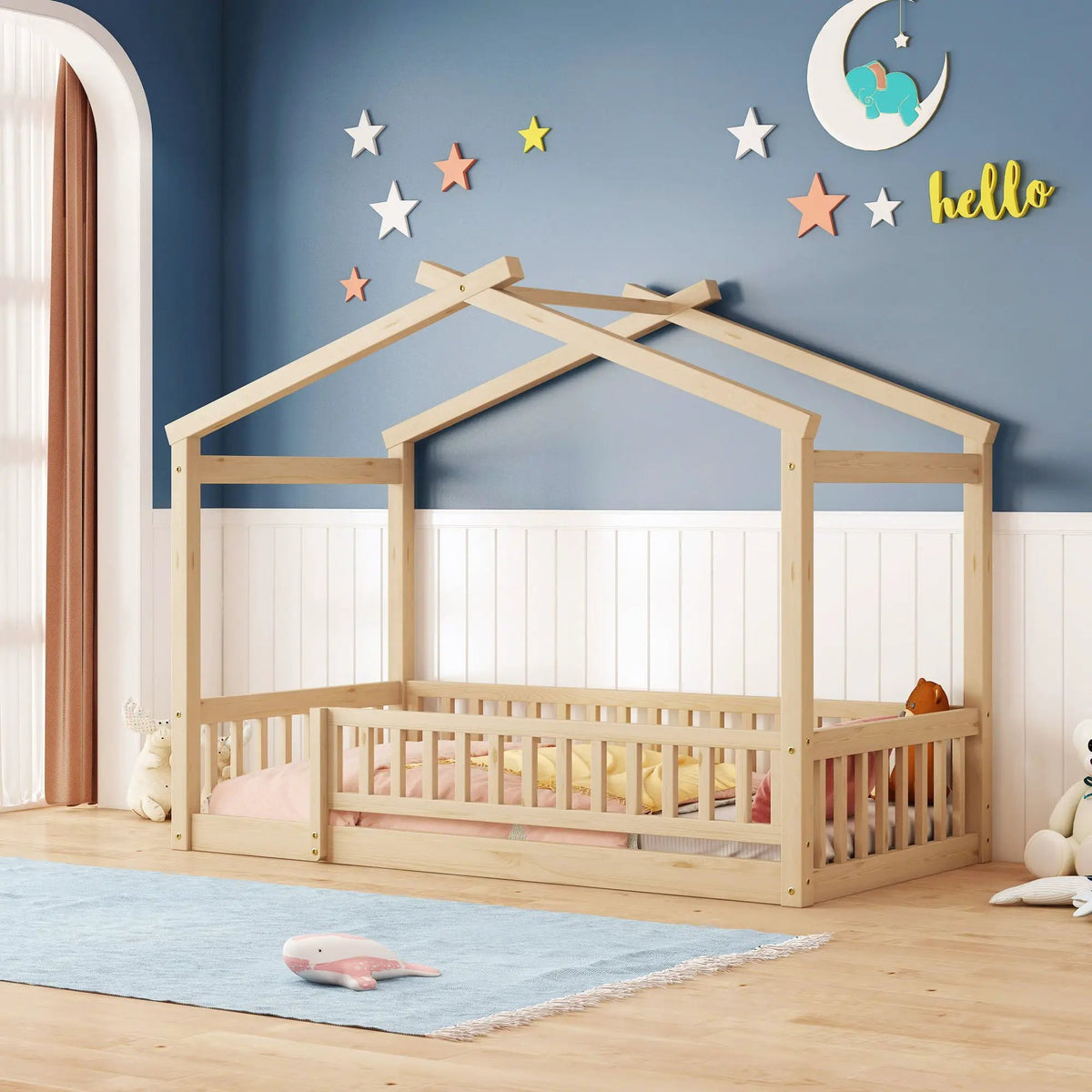 Kids Bed Frame | Playhouse Design | Roof And Fence | Toddler Size