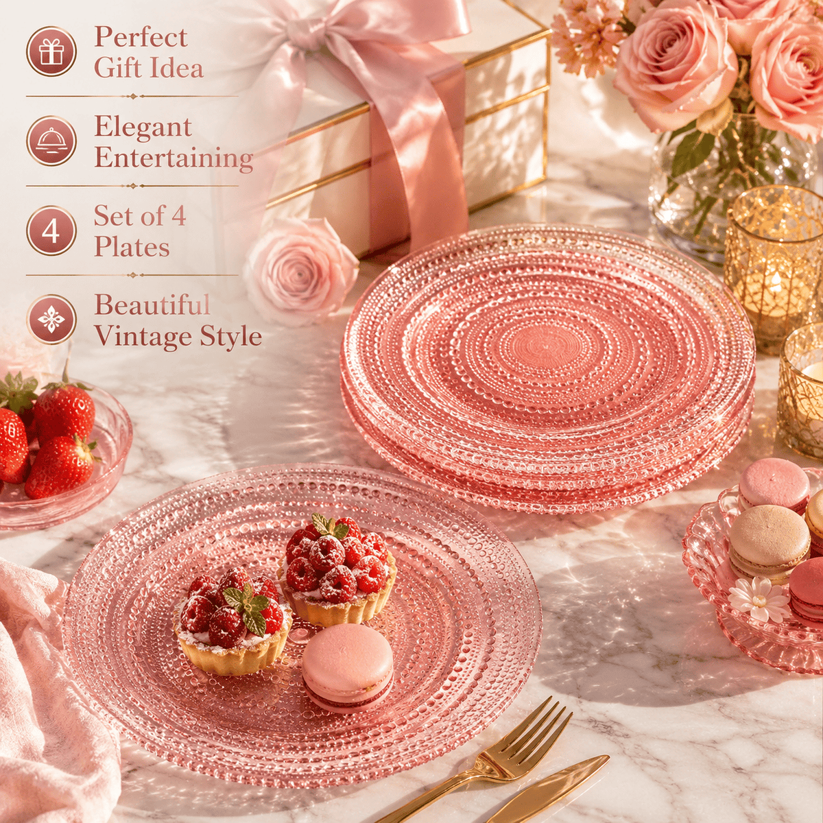 Blush Pink Hobnail Glass Dinner Plates, 10.6-Inch | Set of 4 | Glass | Entertaining