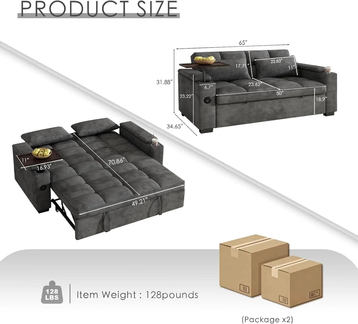 65Inch Grey Chenille Convertible Sleeper Sofa Table from PriceLows™