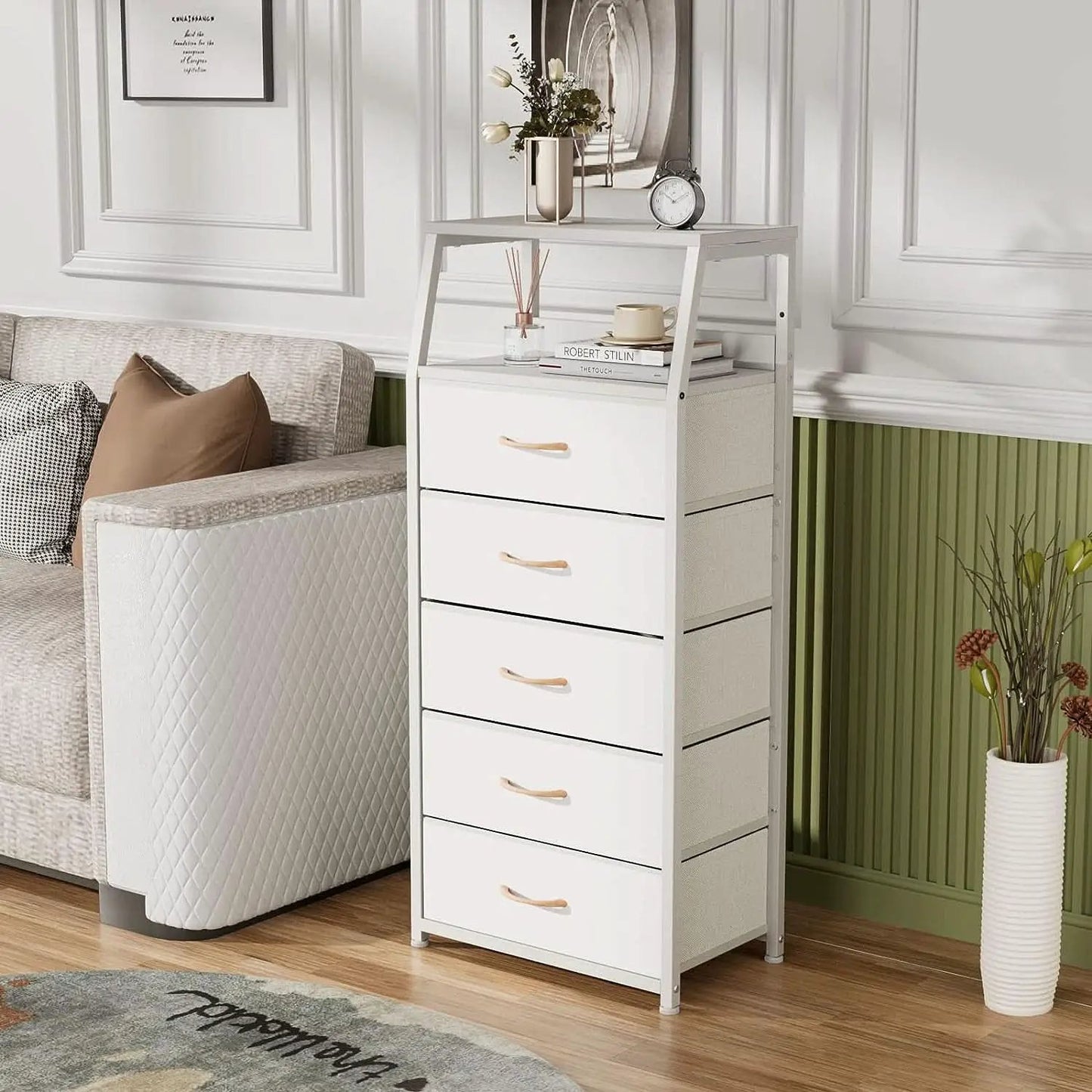 White Dresser With 5 Drawers And Wood Top Bedroom Storage from PriceLows™