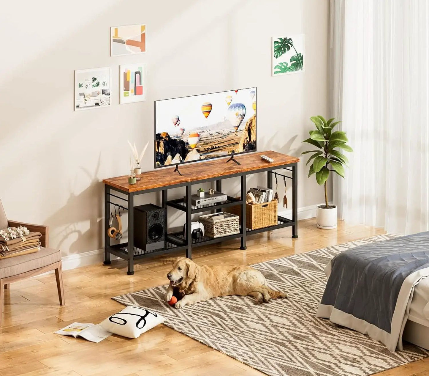 Rustic Brown TV Stand For 55 Inch With Open Storage Shelves from PriceLows™