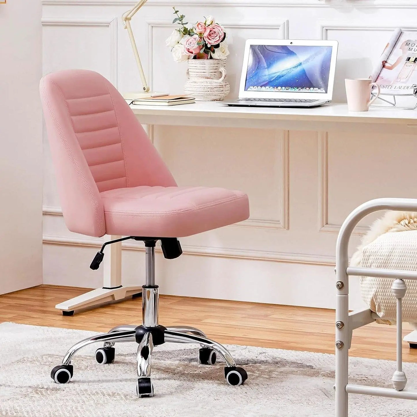 Pink PU Leather Armless Office Chair With Rolling Wheels from PriceLows™