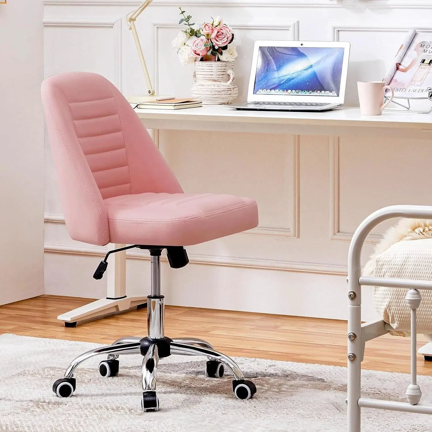 Pink PU Leather Armless Office Chair With Rolling Wheels from PriceLows™