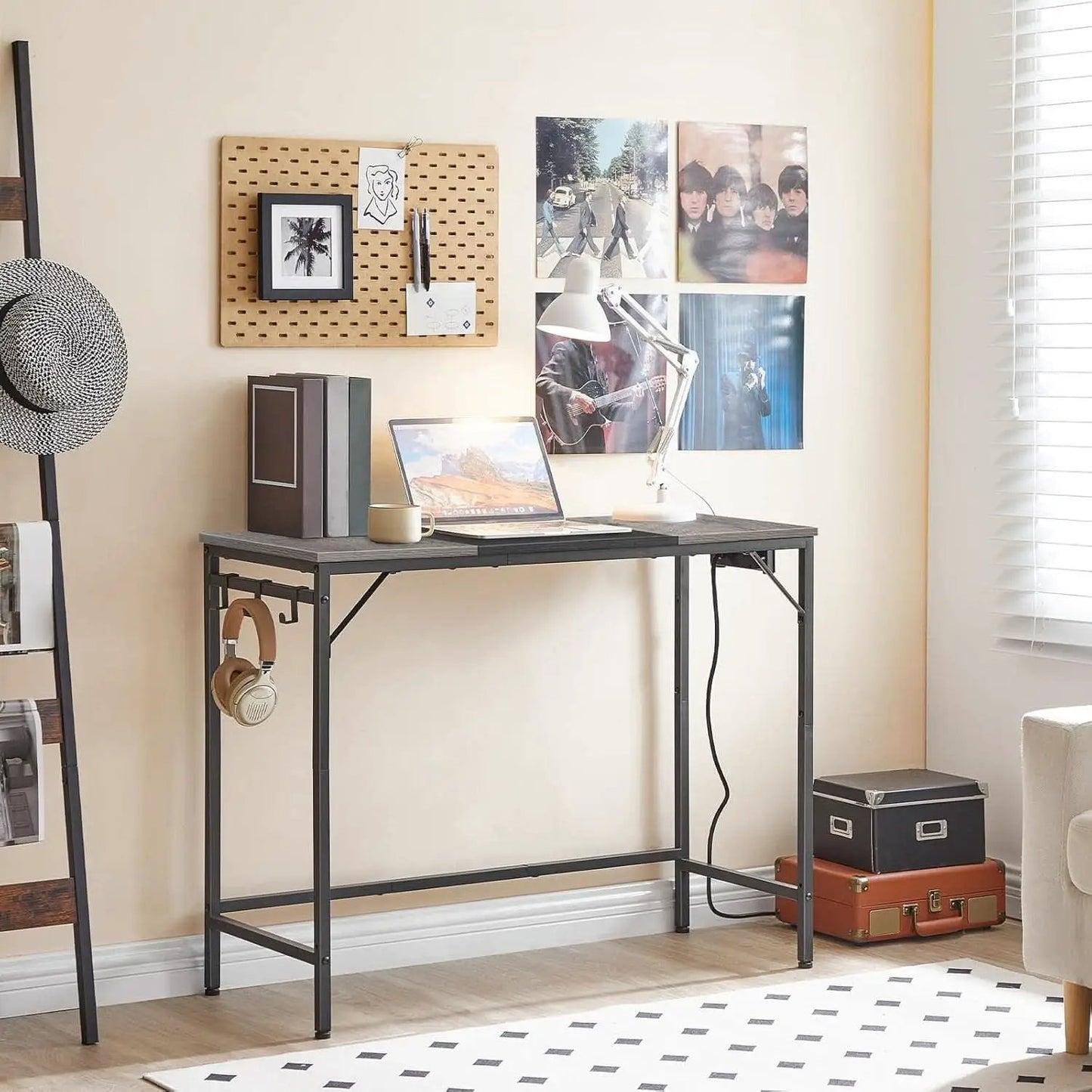 Charcoal Gray Computer Desk With Power Outlet And Hooks from PriceLows™