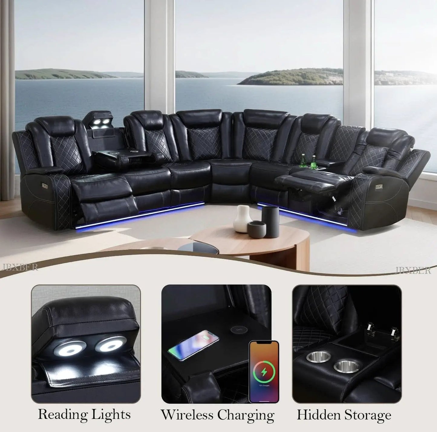 Power Recliner Sectional Sofa Set In Black With Led Lights from PriceLows™