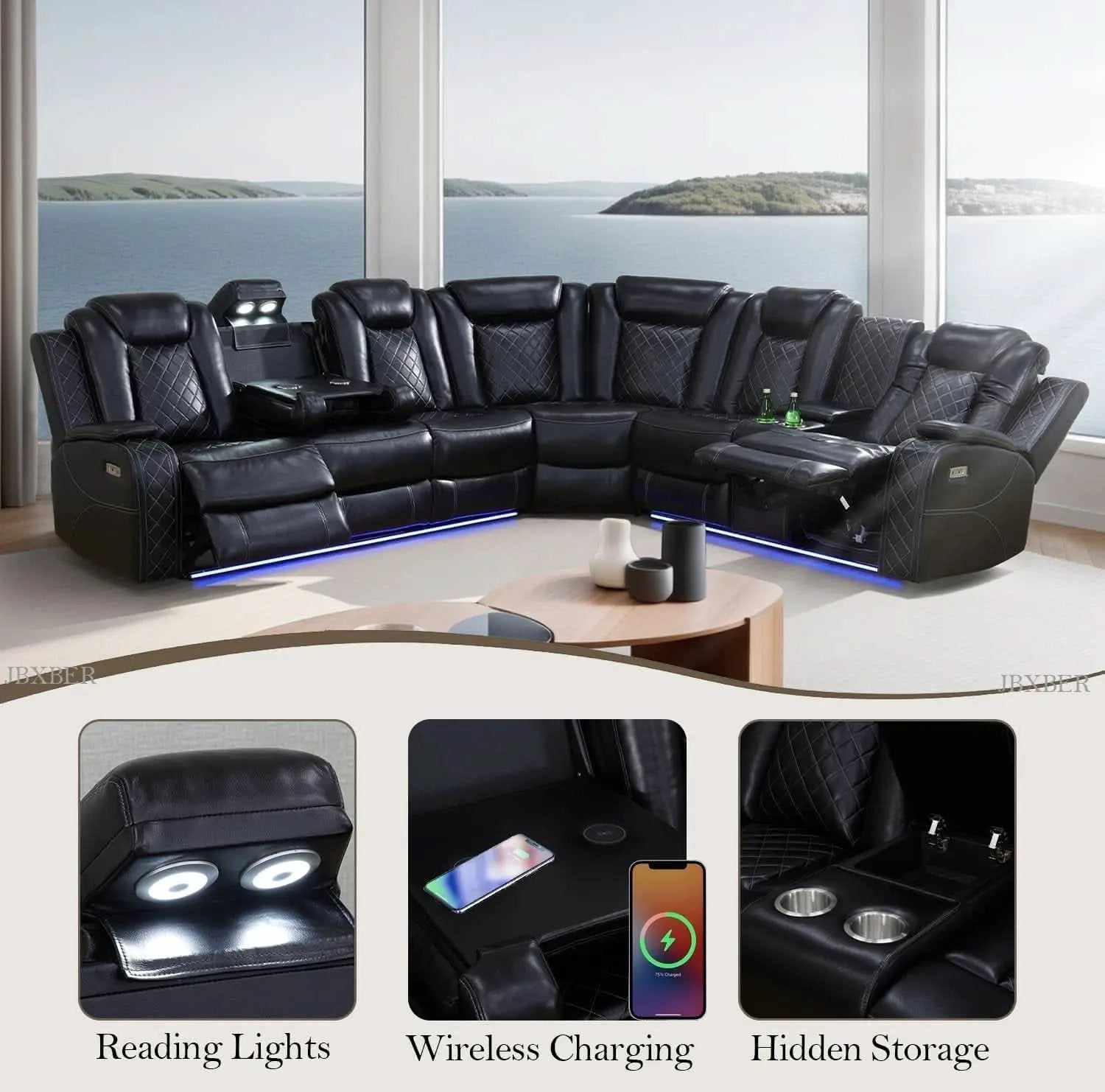Power Recliner Sectional Sofa Set In Black With Led Lights from PriceLows™
