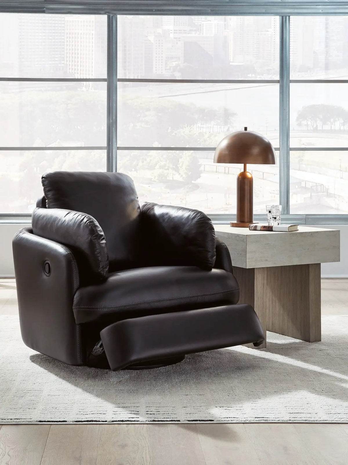 Swivel Glider Recliner | Top Grain Leather | One Pull Reclining | Black