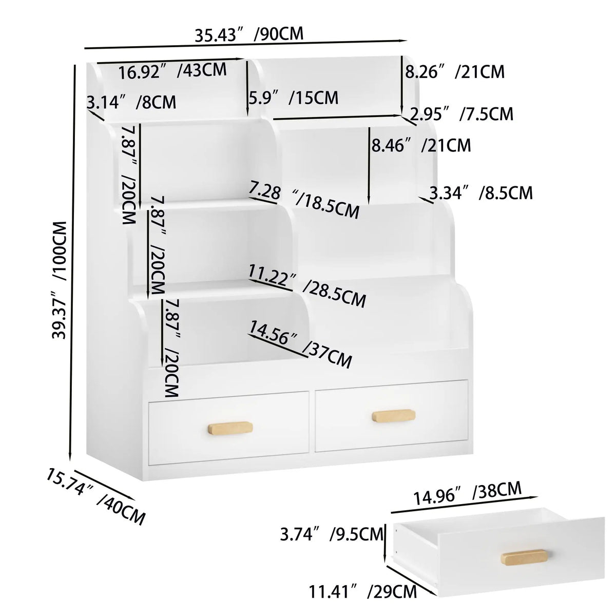 Front Facing Bookshelf | 2 Storage Drawers | Multi Tier Design | White
