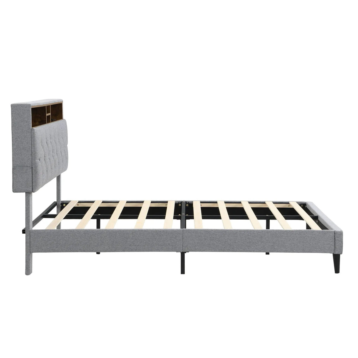 Upholstered Platform Bed Frame | Button Tufted Headboard | Two Storage Compartments | USB Ports And Outlets