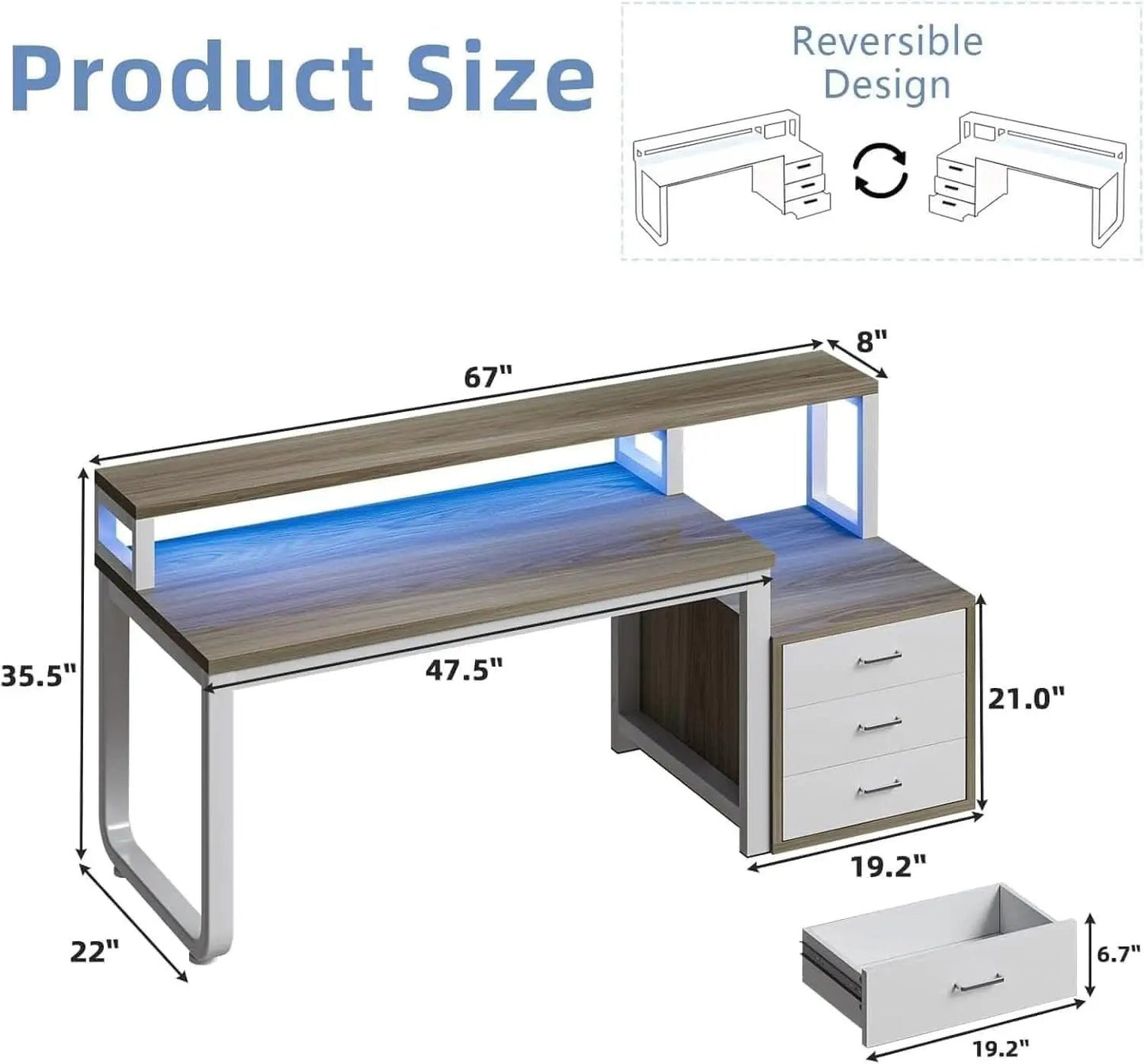 67 nch White Walnut Computer Desk With LED Lighting from PriceLows™