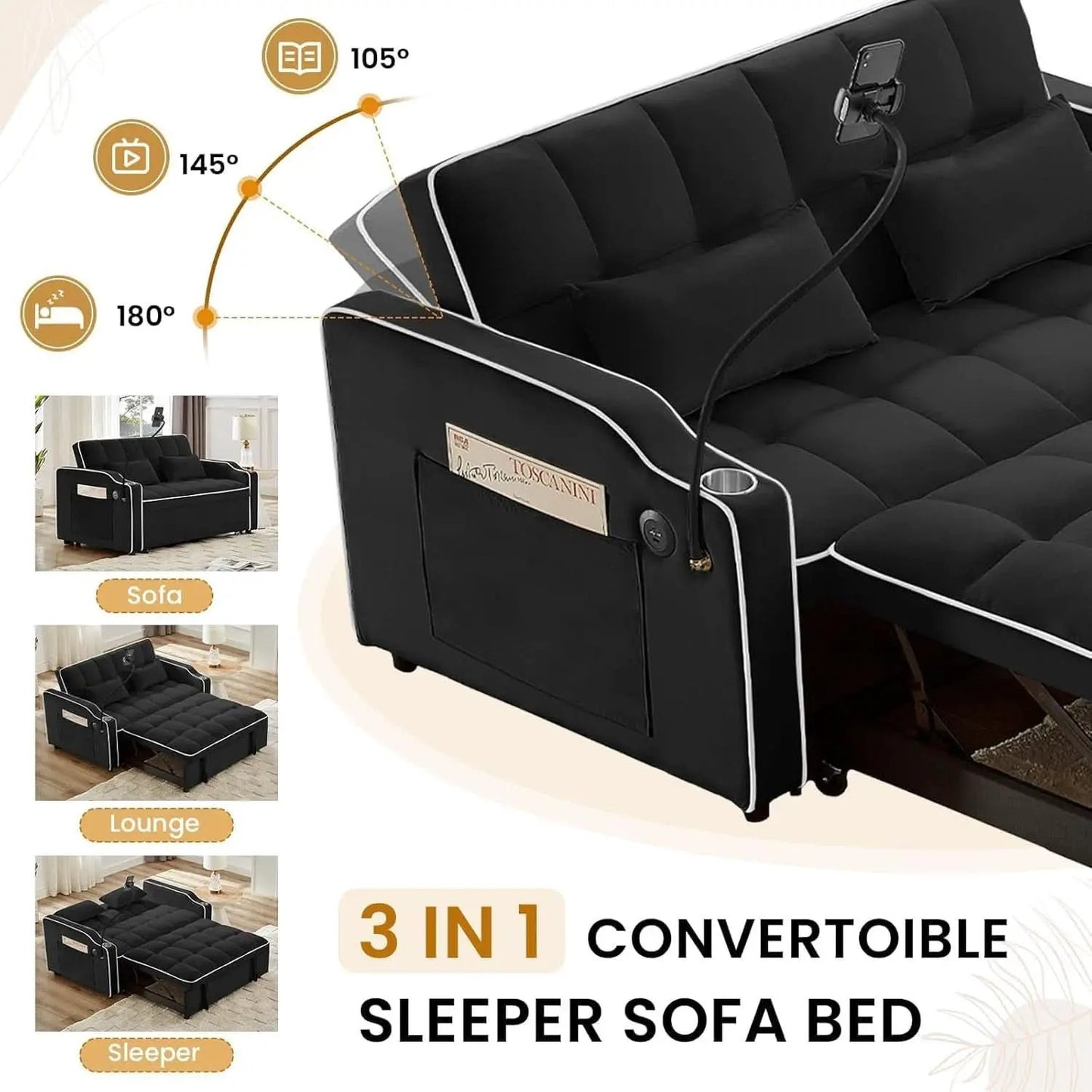 Black Velvet Luxe Sleeper Sofa Bed USB Charging Port from PriceLows™