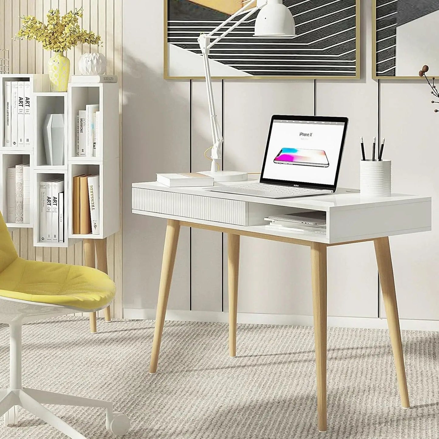 White Mid Century Modern Desk With Hidden Drawer For Home Office from PriceLows™