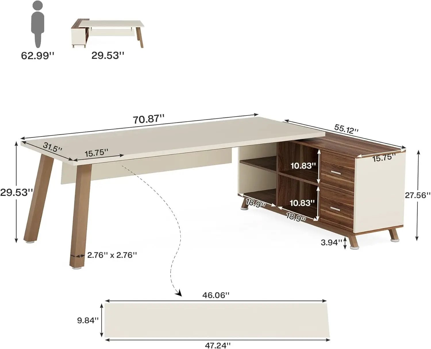 71 Inch Walnut White L Shaped Desk With 55 Inch Cabinet from PriceLows™