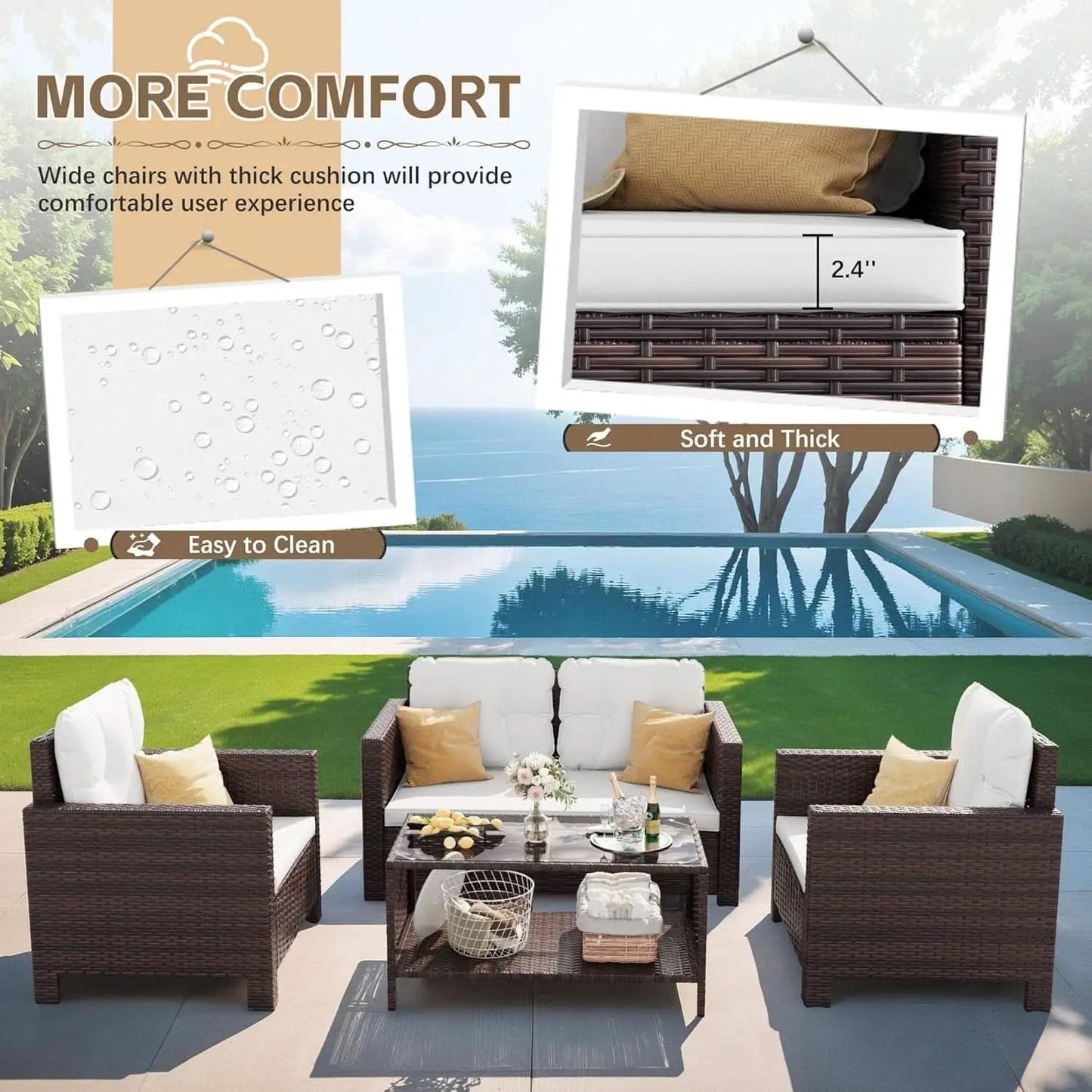 4 Piece Patio Rattan Furniture Set Beige Cushions Outdoor from PriceLows™