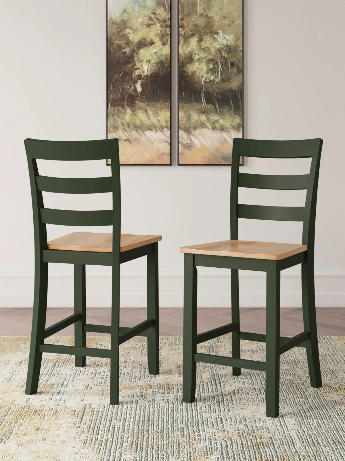 Counter Height Bar Stools | Contoured Seat | Natural Wood | Set Of Two