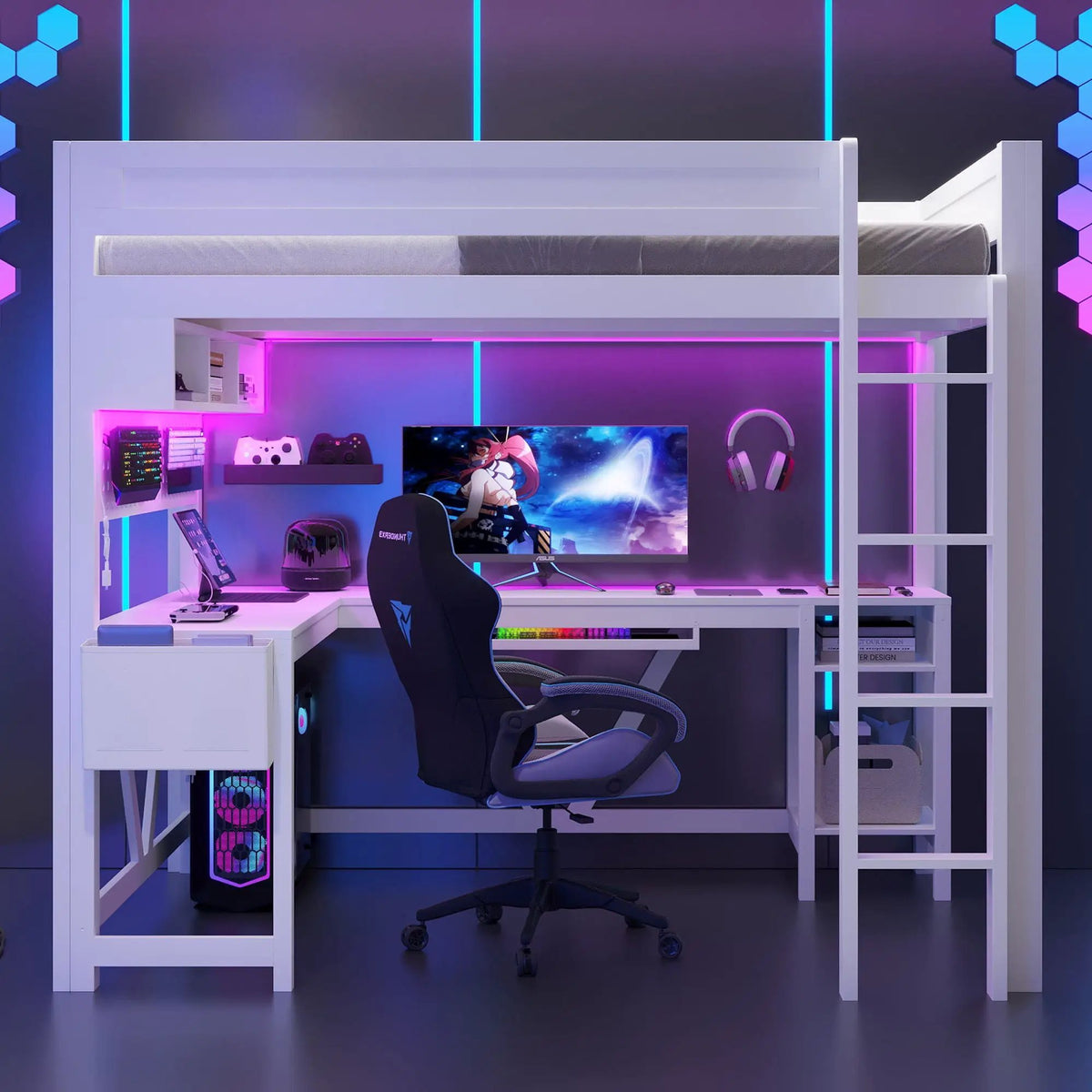 Gaming Loft Bed With Desk | Open Shelf And Fabric Storage Bag | Adjustable LED | Charging Station