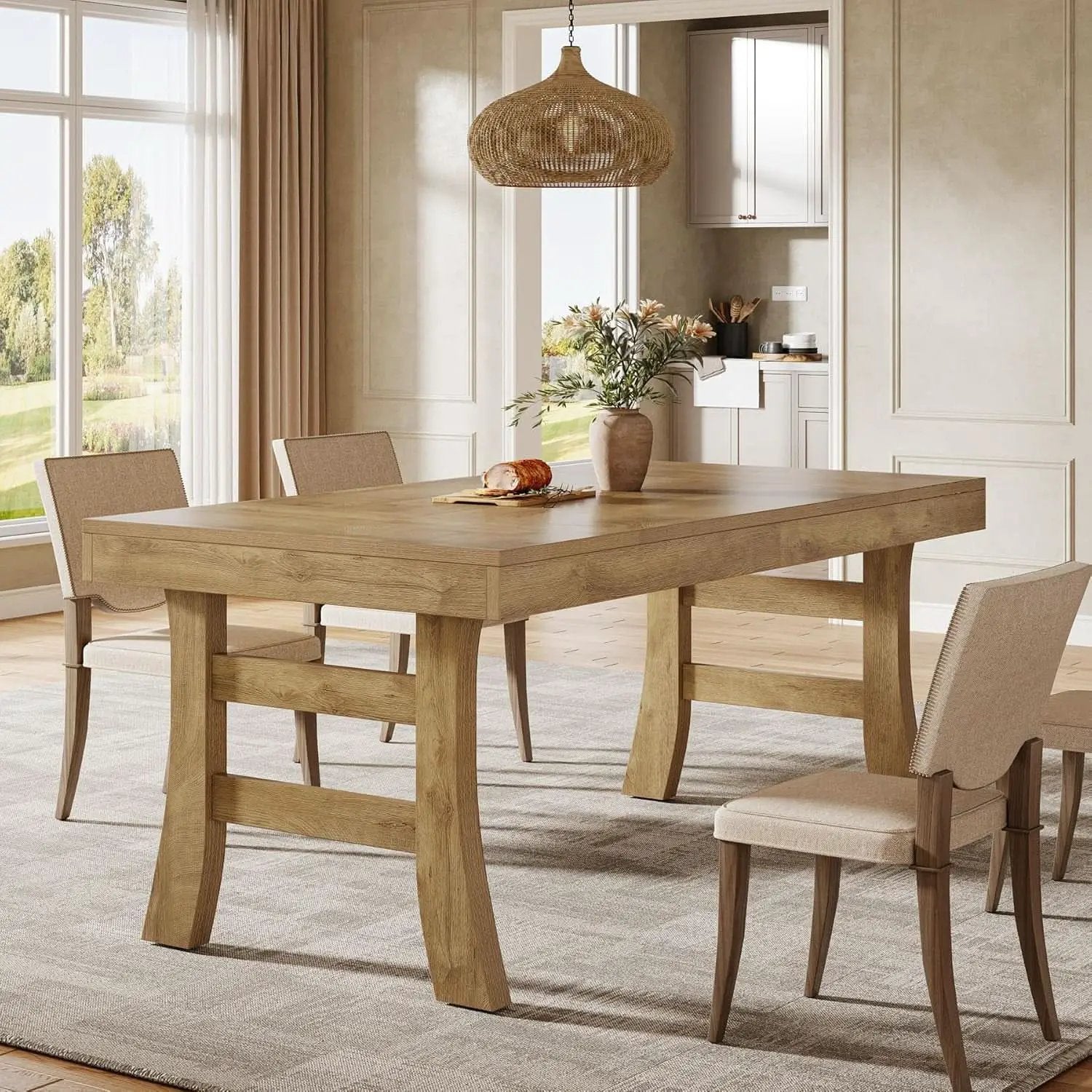 63 Inch Farmhouse Rectangular Wood Dining Table Kitchen from PriceLows™