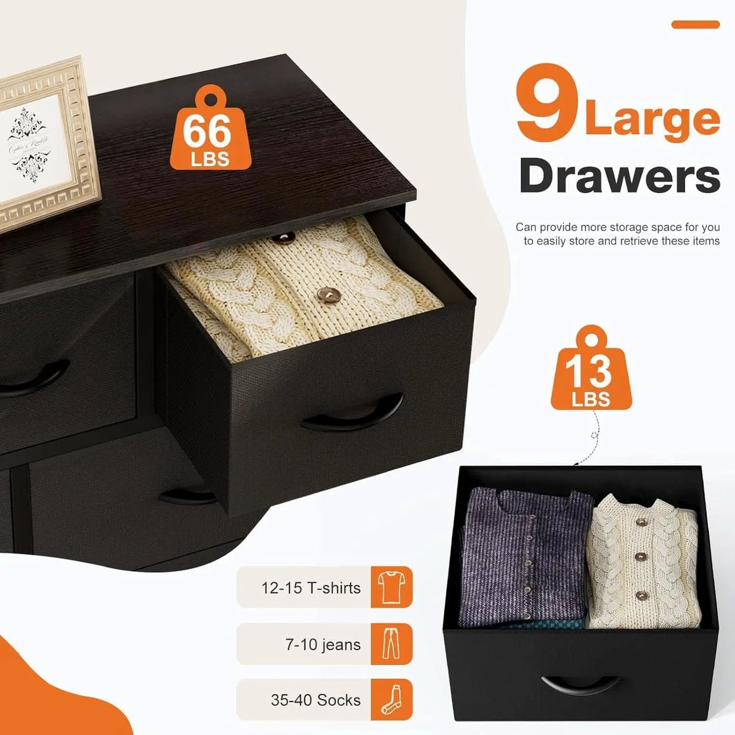 9 Drawer Black Dresser With Integrated Organization from PriceLows™