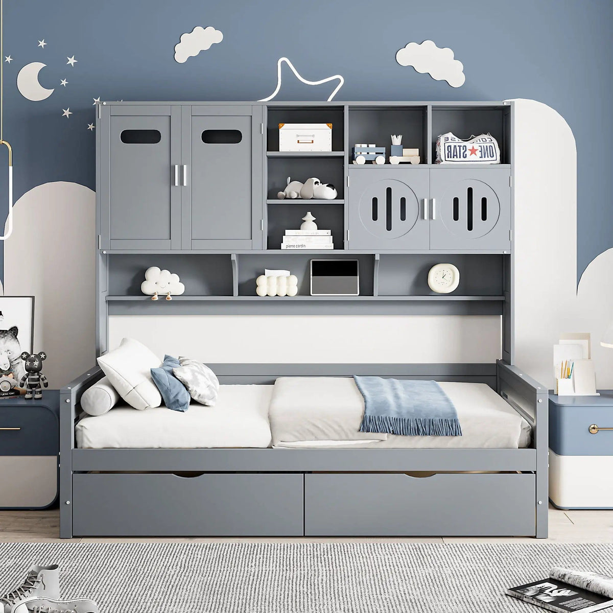 Daybed With All-In-One Cabinet And Shelf | 2 Pieces | Wood | Bedroom