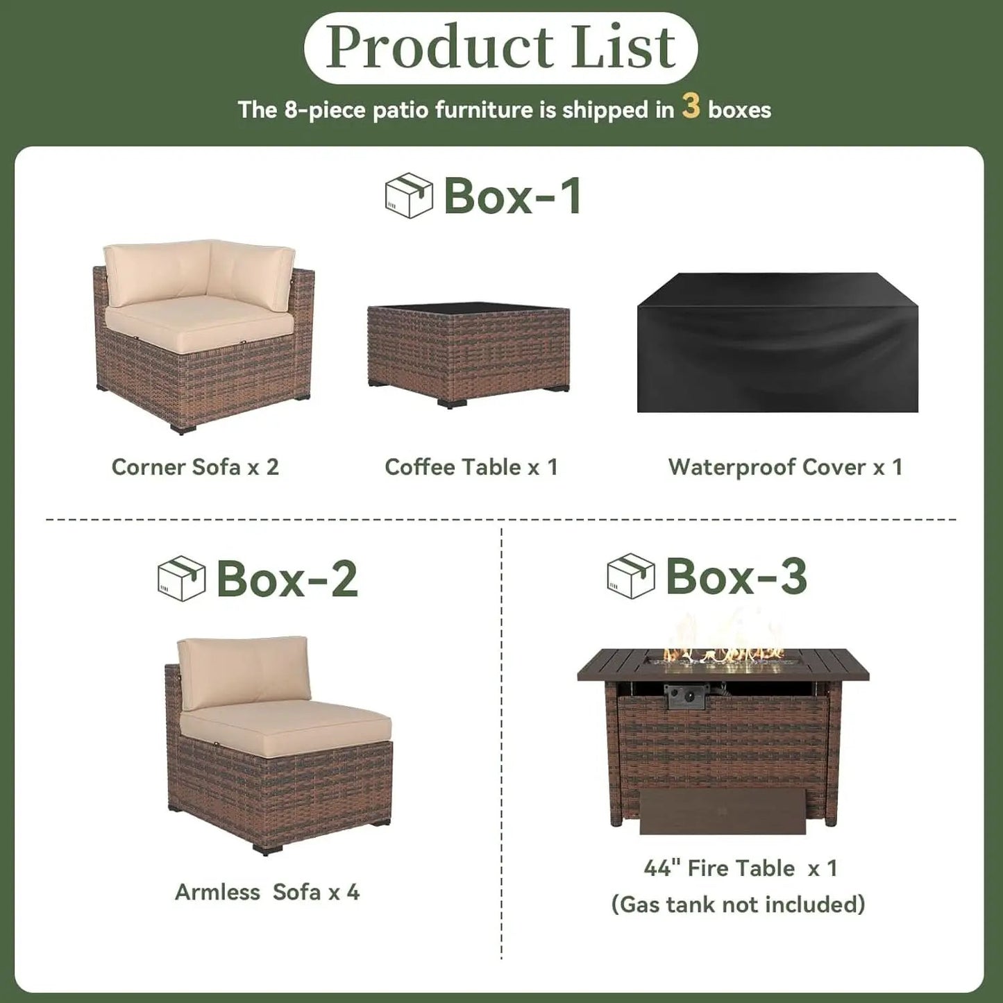 Eight Piece Outdoor Patio Furniture Set with Fire Pit from PriceLows™