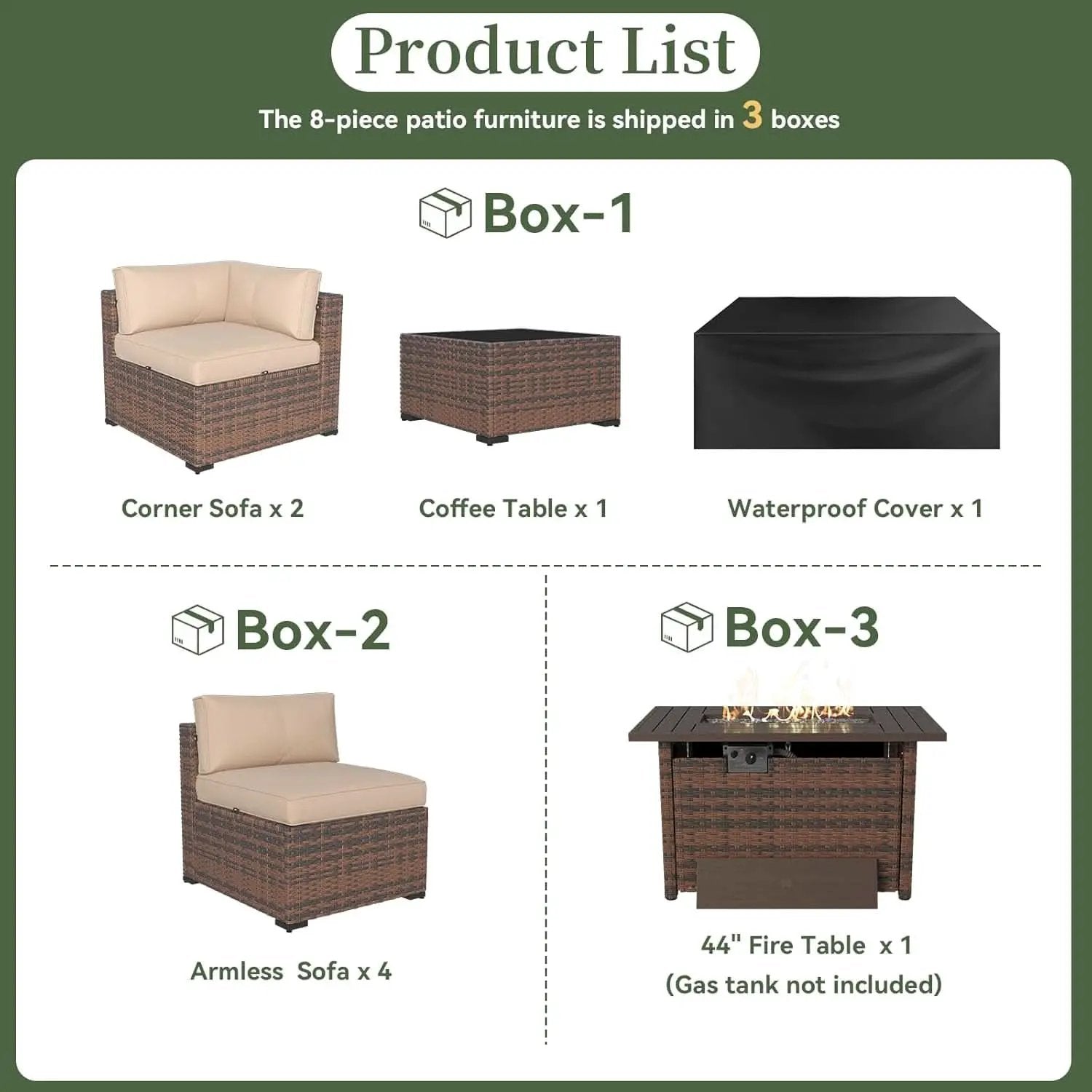 Eight Piece Outdoor Patio Furniture Set with Fire Pit from PriceLows™