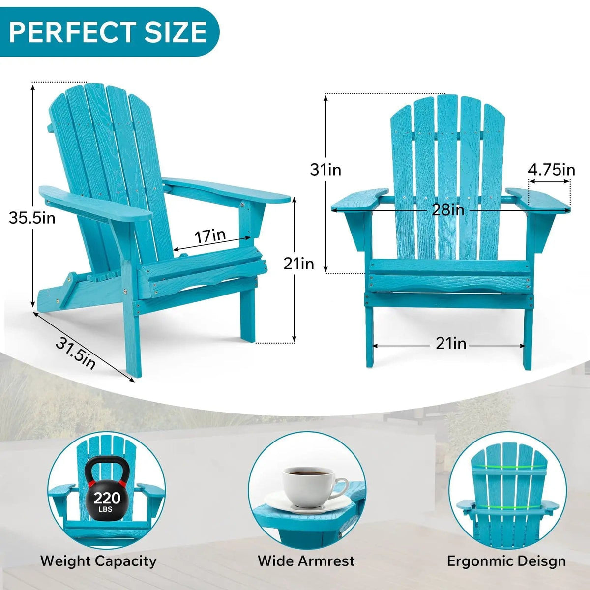 Outdoor Folding Adirondack Chair Patio With Natural Grain Texture Turquoise | 31 x 28 x 36 in | Solid Wood & Hemlock | Blue