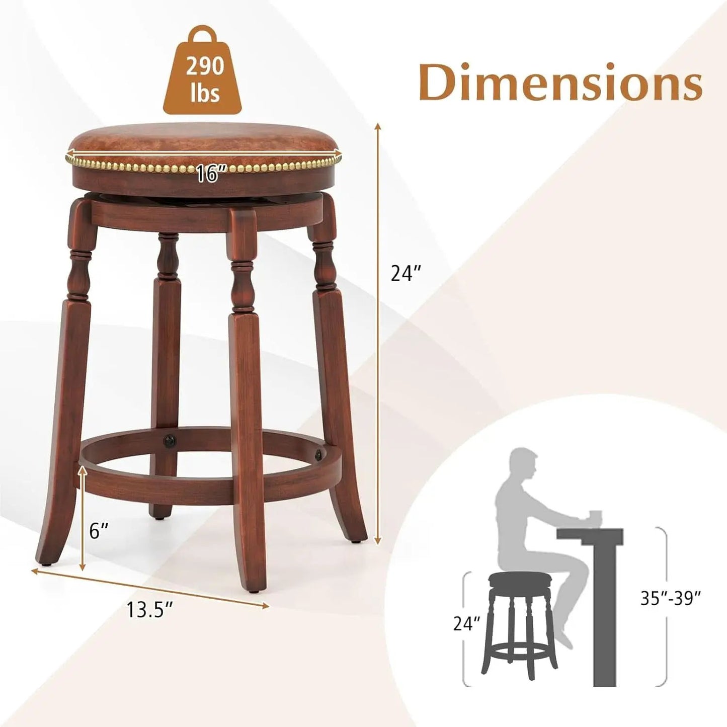 24 Inch Swivel Bar Stool Set Of 2 With Upholstered Seat And Rubber Wood Frame For Kitchen Island from PriceLows™