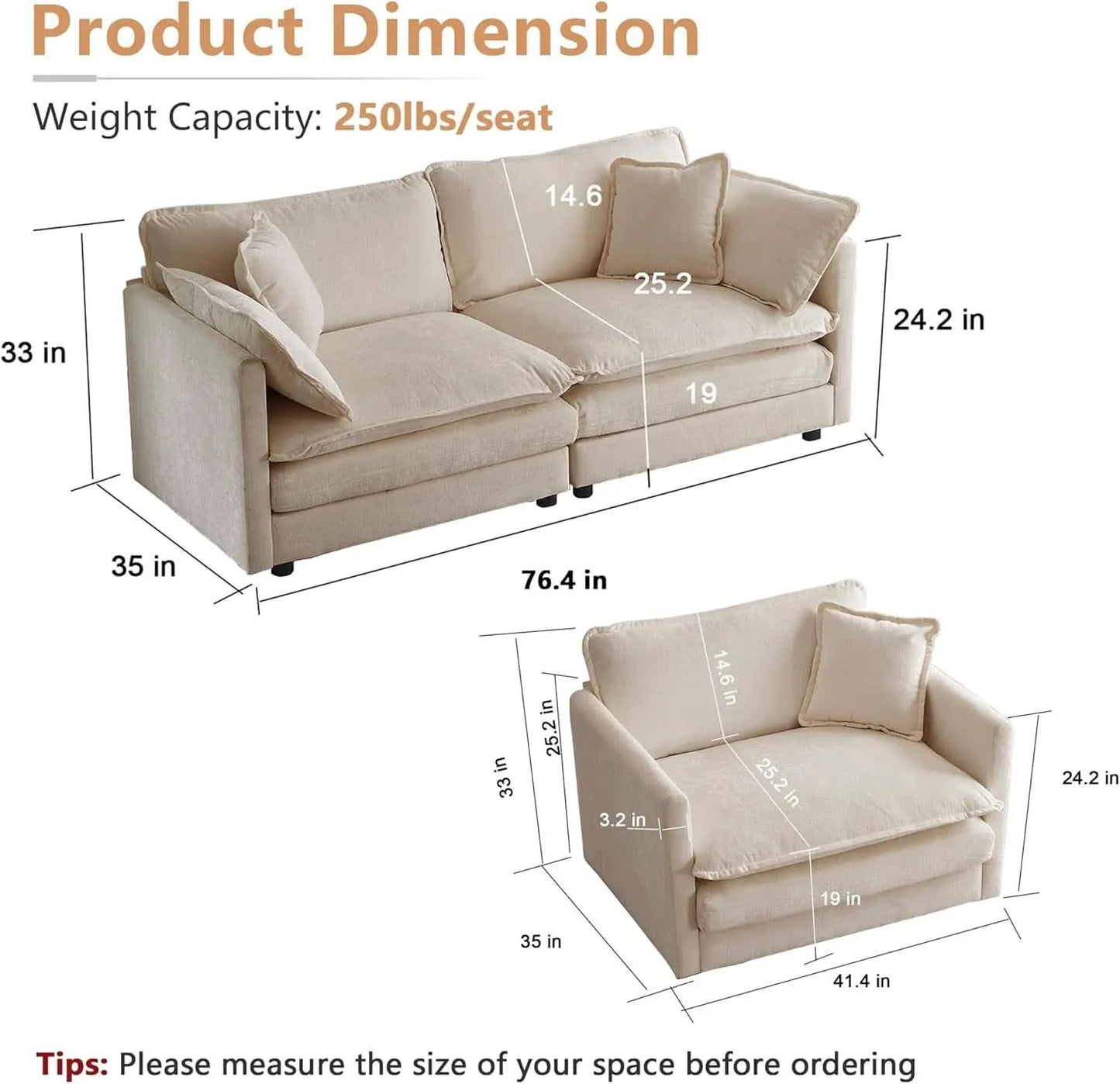 Light Coffee Chenille 2 Piece Loveseat Couch And Armchair from PriceLows™