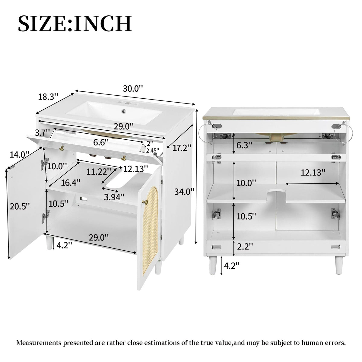 Modern Bathroom Vanity With Sink, Cabinet With Adjustable Shelf | 30 x 18.3 x 34 in | Solid Wood & Rattan | Bathroom