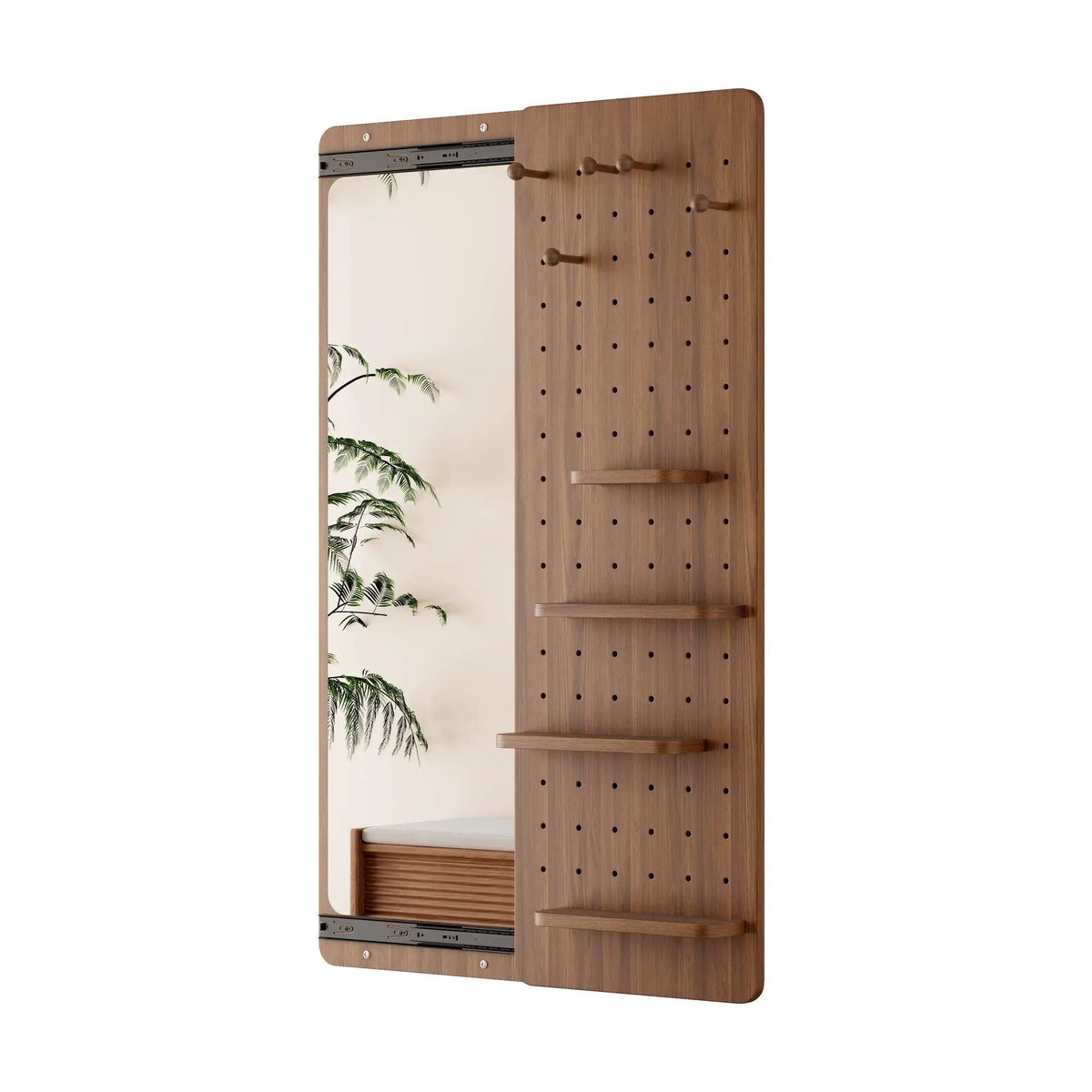 Wall Mounted Full Length Mirror | Shelf And Hook | Solid Rubber Wood | Push-Pull Removable Panel