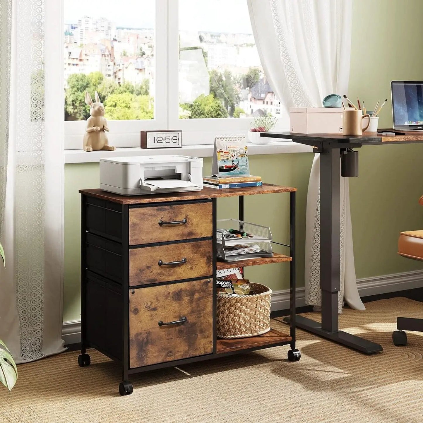 3 Drawer Mobile File Cabinet Fits A4 Or Letter Size With Rolling Printer Stand Rustic Brown Wood Grain from PriceLows™