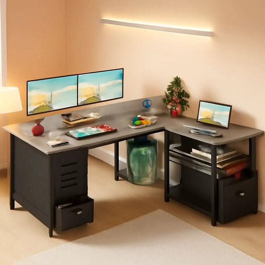 L Shaped Computer Desk | Six Drawers With Built In Power Outlet | Compact Size For Small Spaces | Left Or Right Config