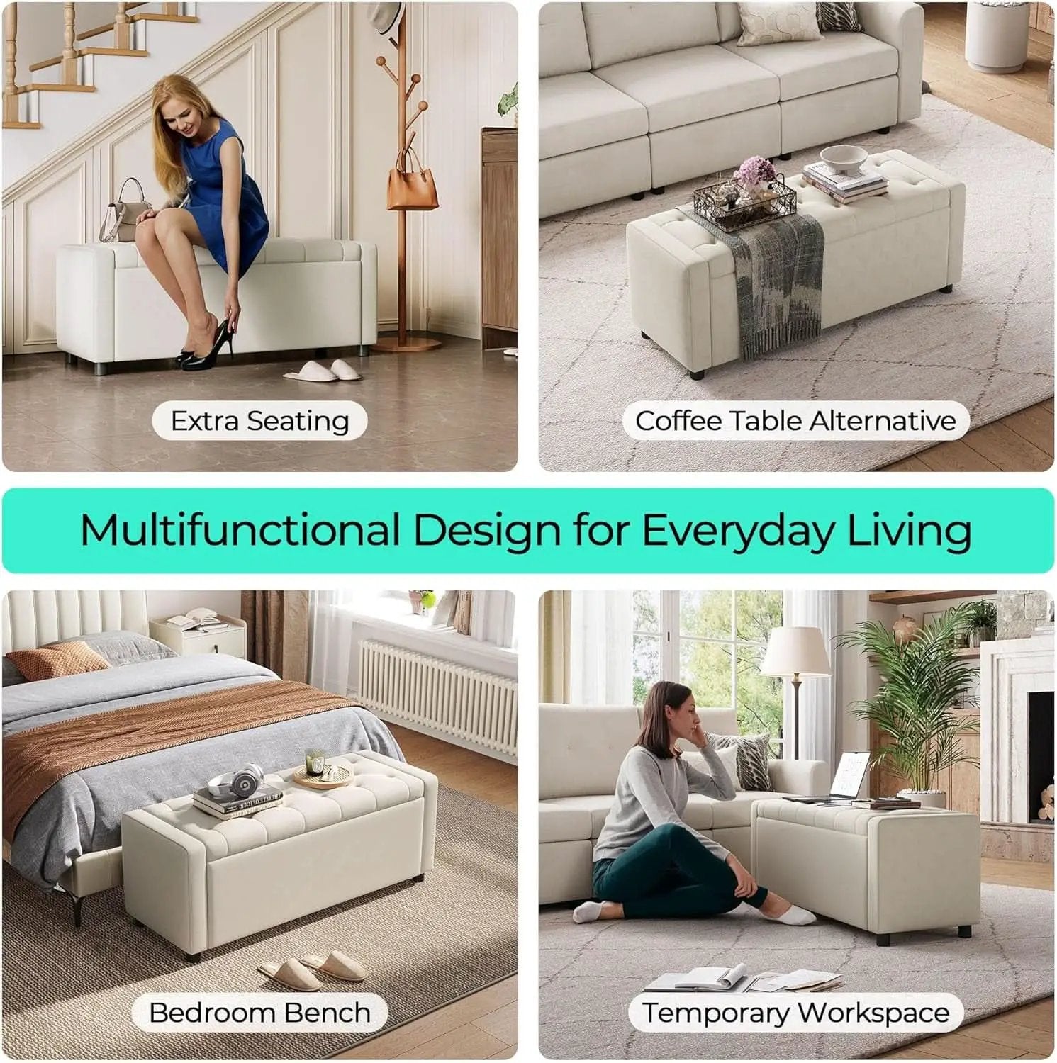 Fifty Inch Upholstered Storage Ottoman Bench Beige from PriceLows™