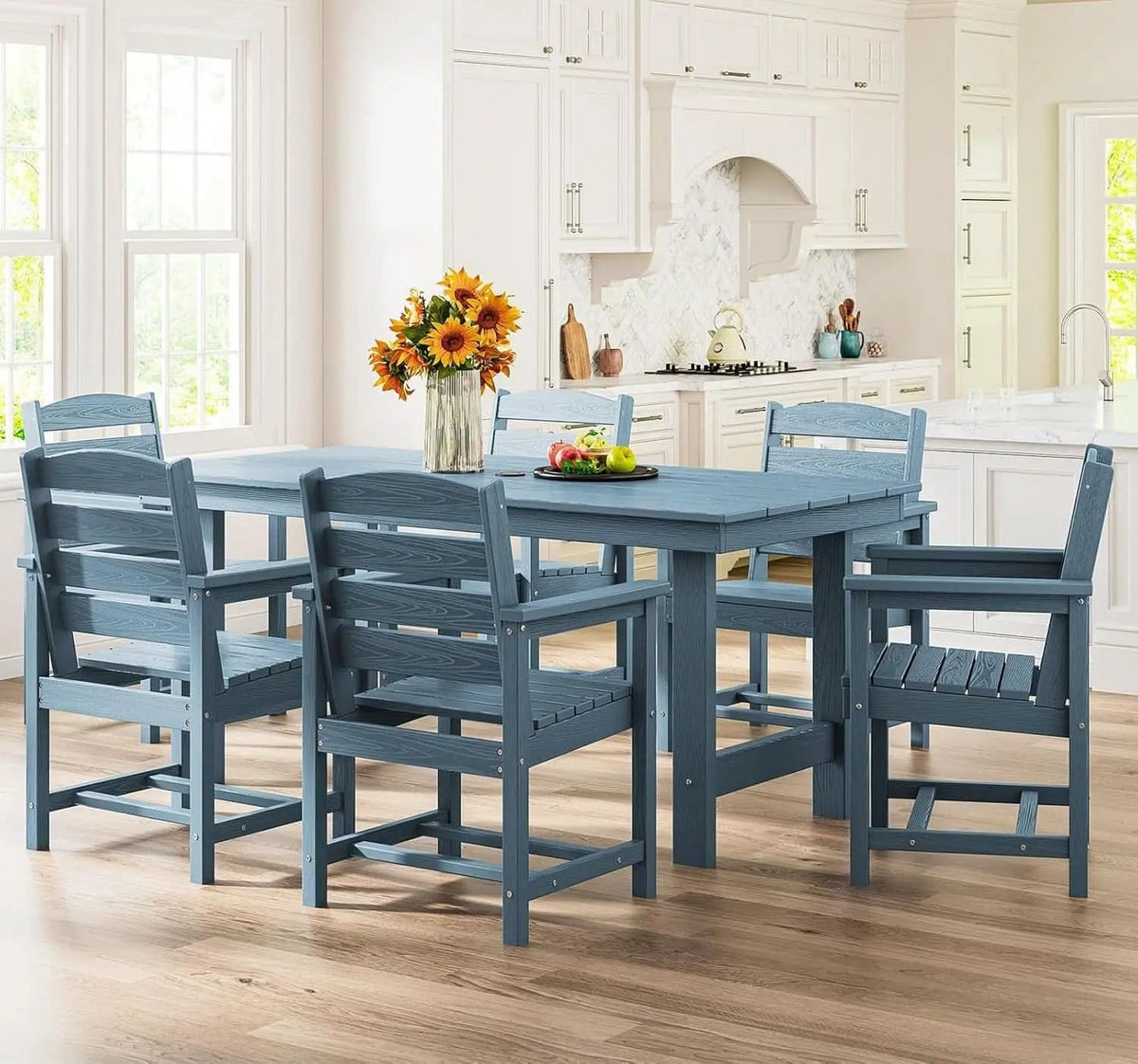 7 Piece Patio Dining Set Outdoor HDPE Table Blue Chairs from PriceLows™