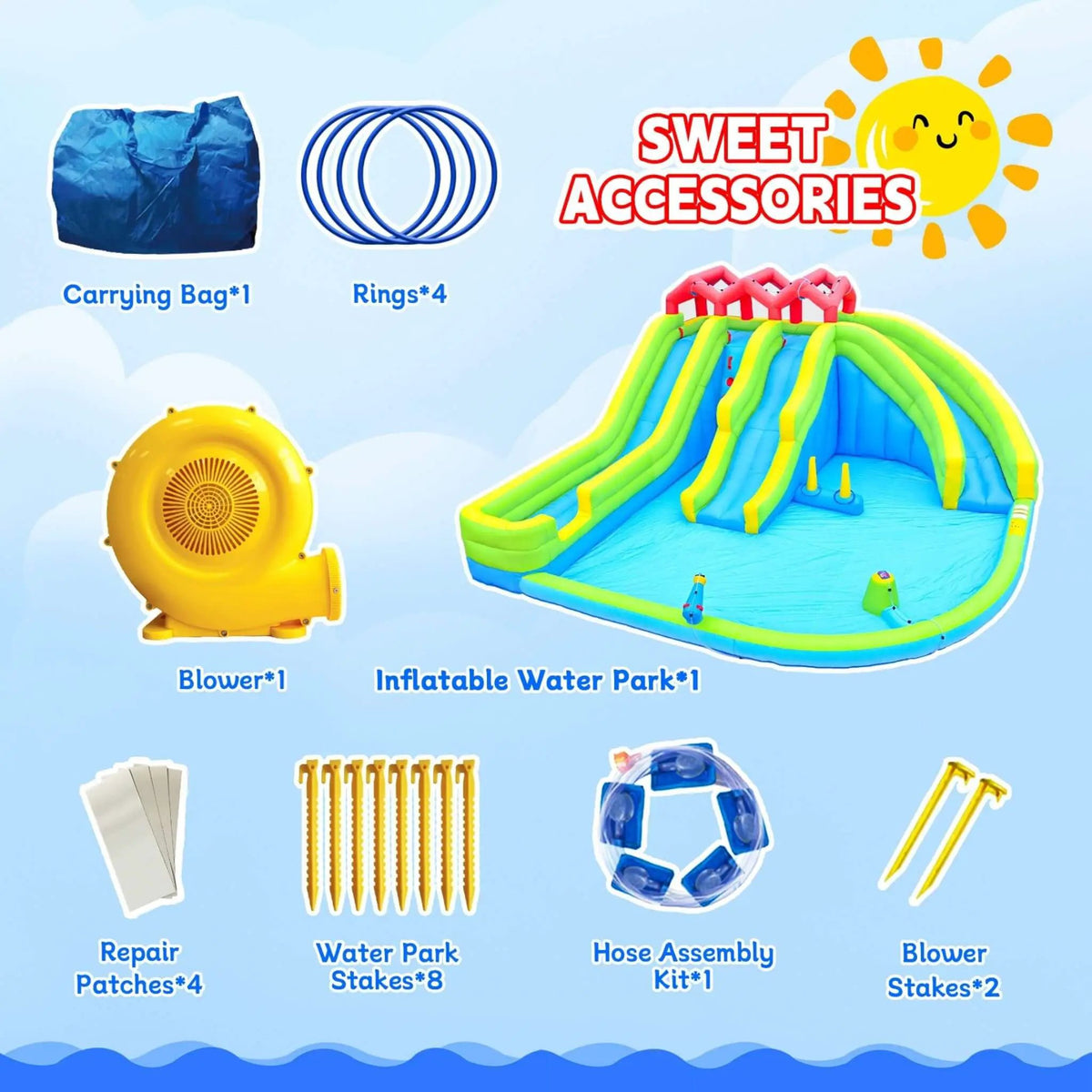 Inflatable Water Park | 7-In-1 Design | Triple Slides | Water Gun And Climbing Wall