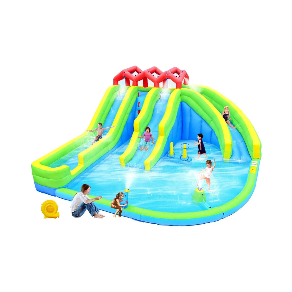 Inflatable Water Park | 7-In-1 Design | Triple Slides | Water Gun And Climbing Wall