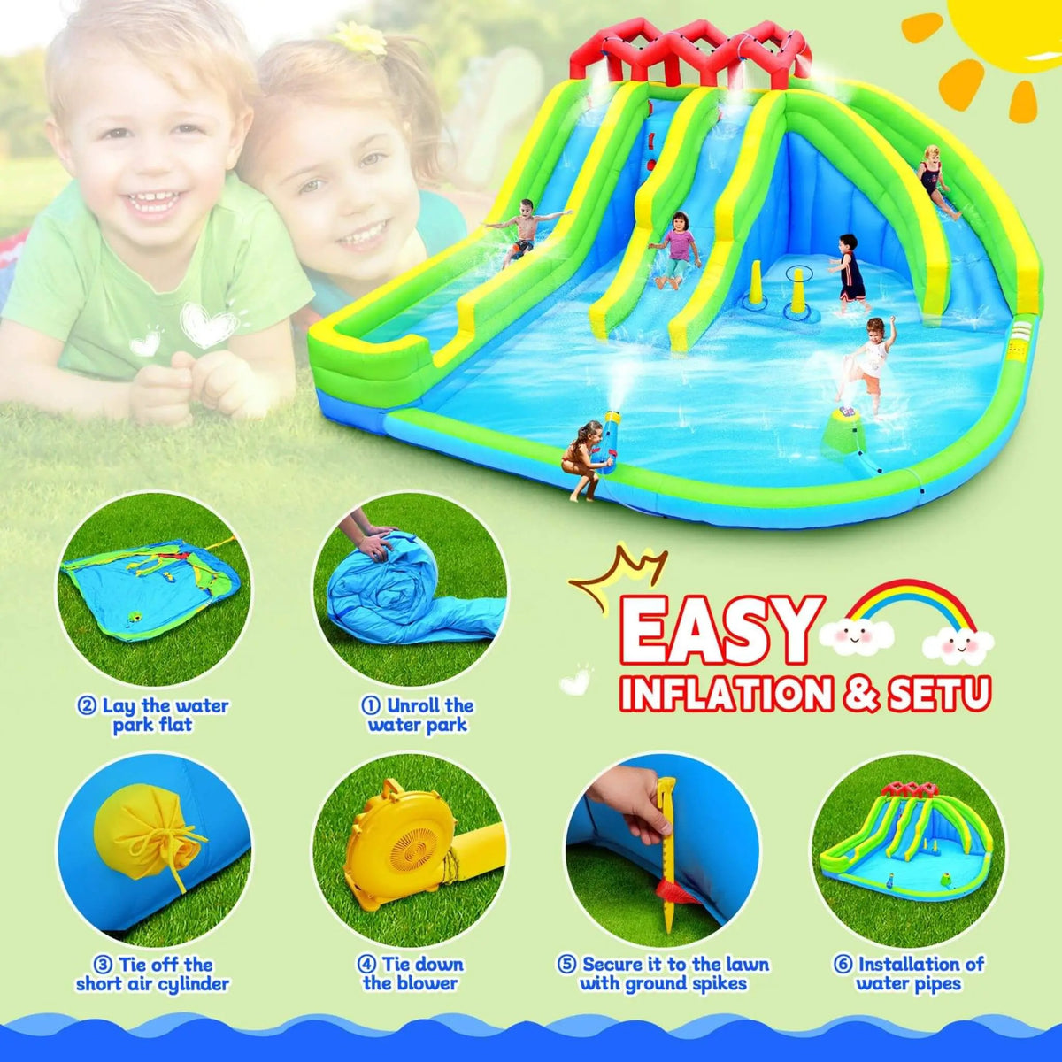 Inflatable Water Park | 7-In-1 Design | Triple Slides | Water Gun And Climbing Wall