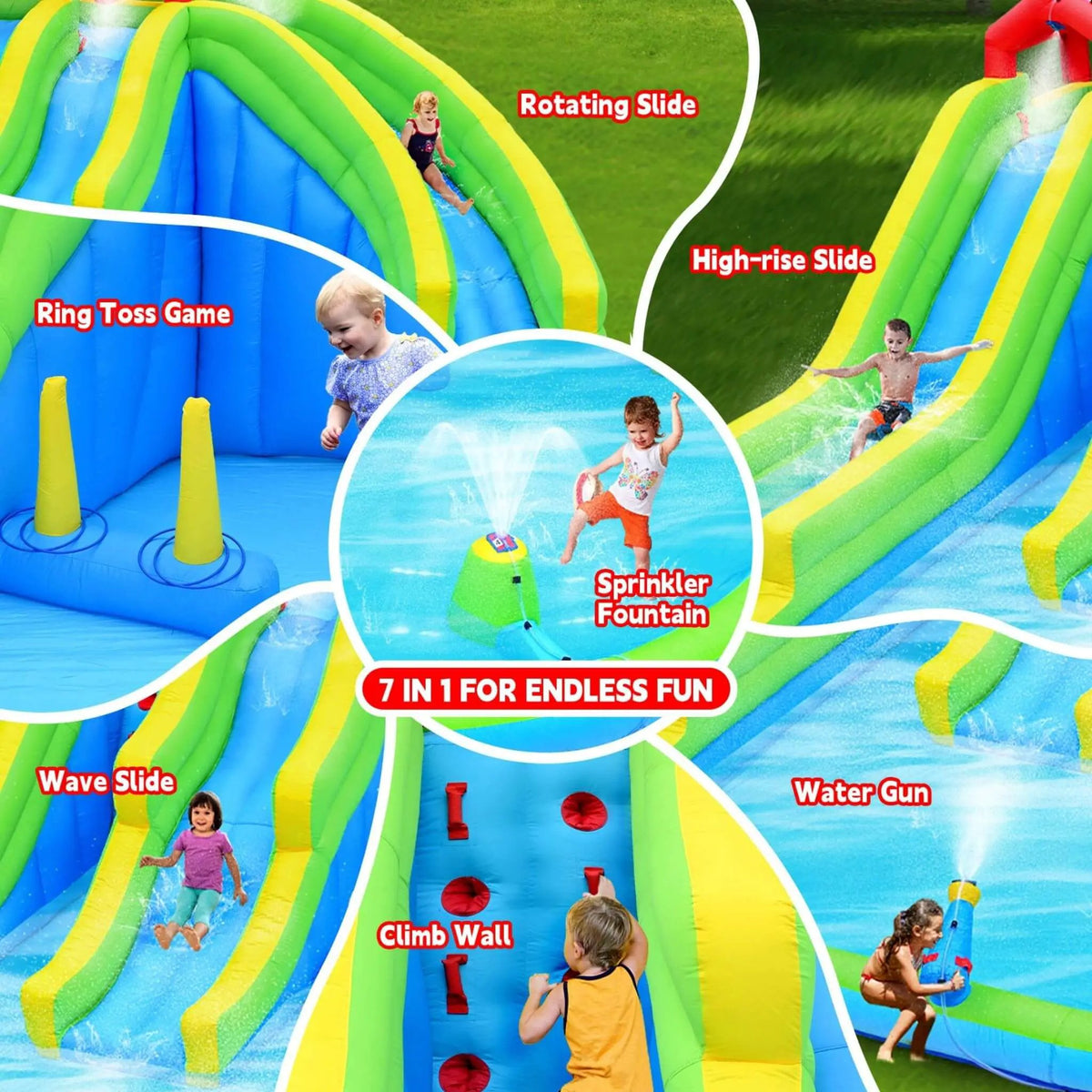 Inflatable Water Park | 7-In-1 Design | Triple Slides | Water Gun And Climbing Wall