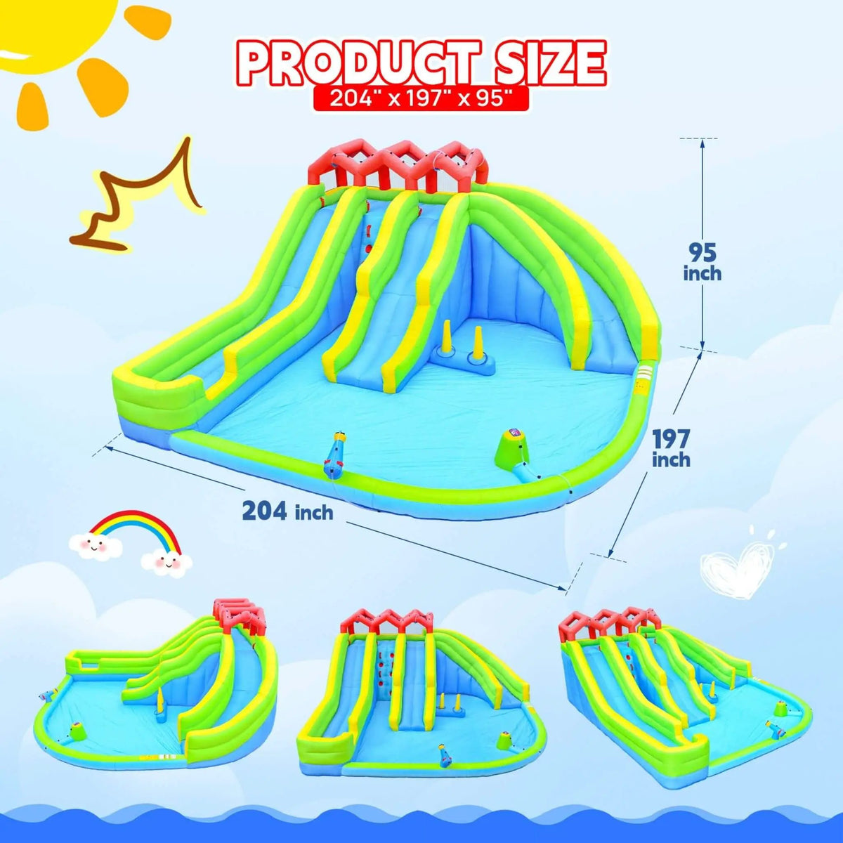 Inflatable Water Park | 7-In-1 Design | Triple Slides | Water Gun And Climbing Wall