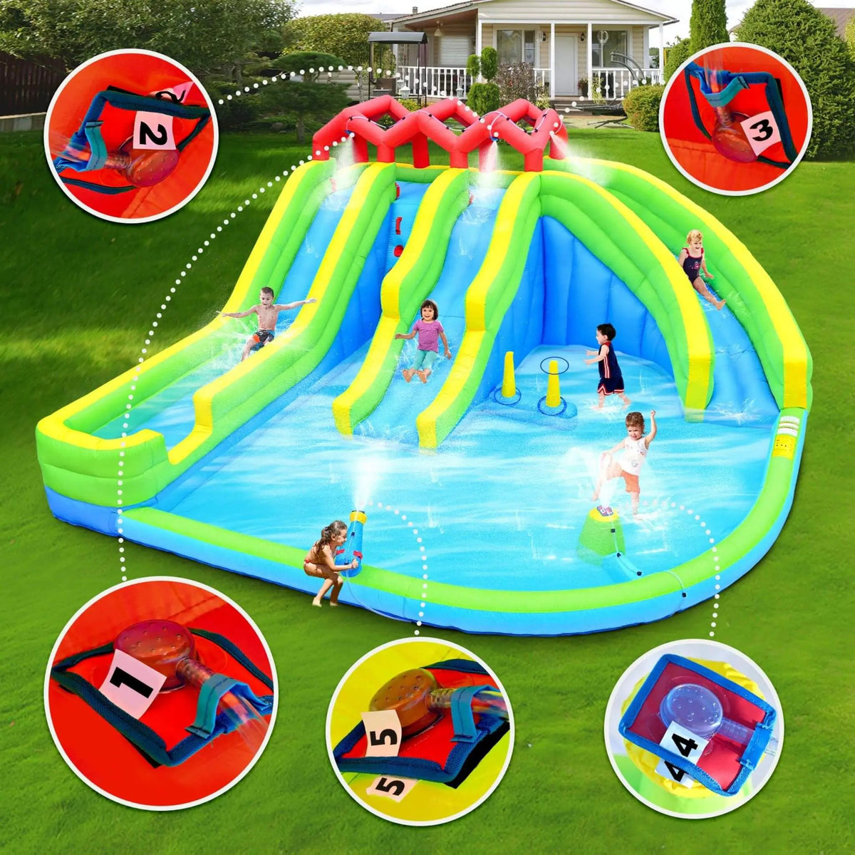 Inflatable Water Park | 7-In-1 Design | Triple Slides | Water Gun And Climbing Wall