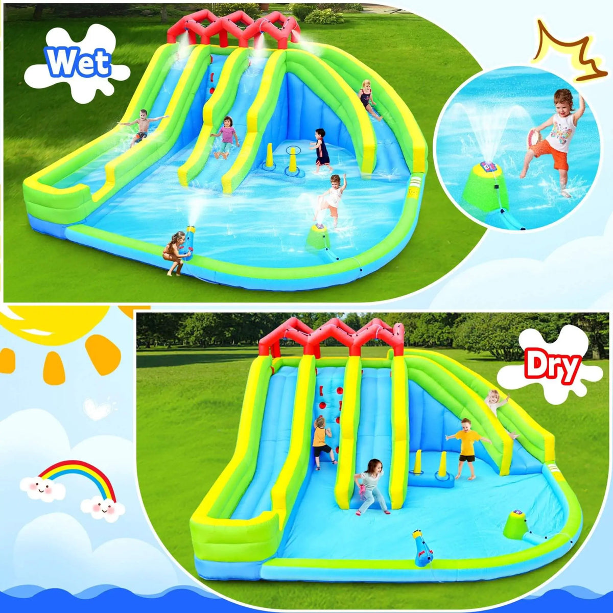 Inflatable Water Park | 7-In-1 Design | Triple Slides | Water Gun And Climbing Wall
