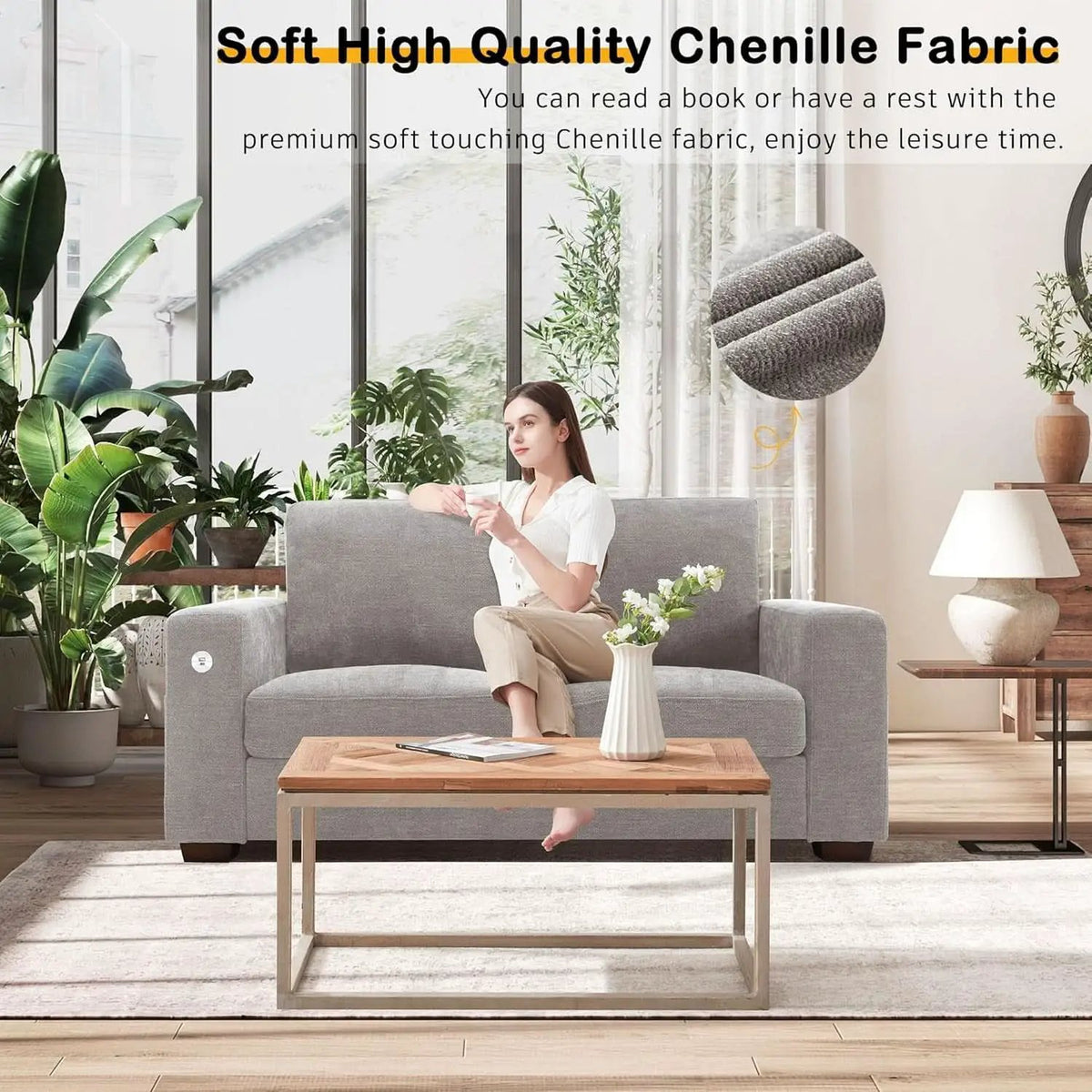 70 Inch Gray Chenille Loveseat With USB C Ports And Plush Cushions from PriceLows™