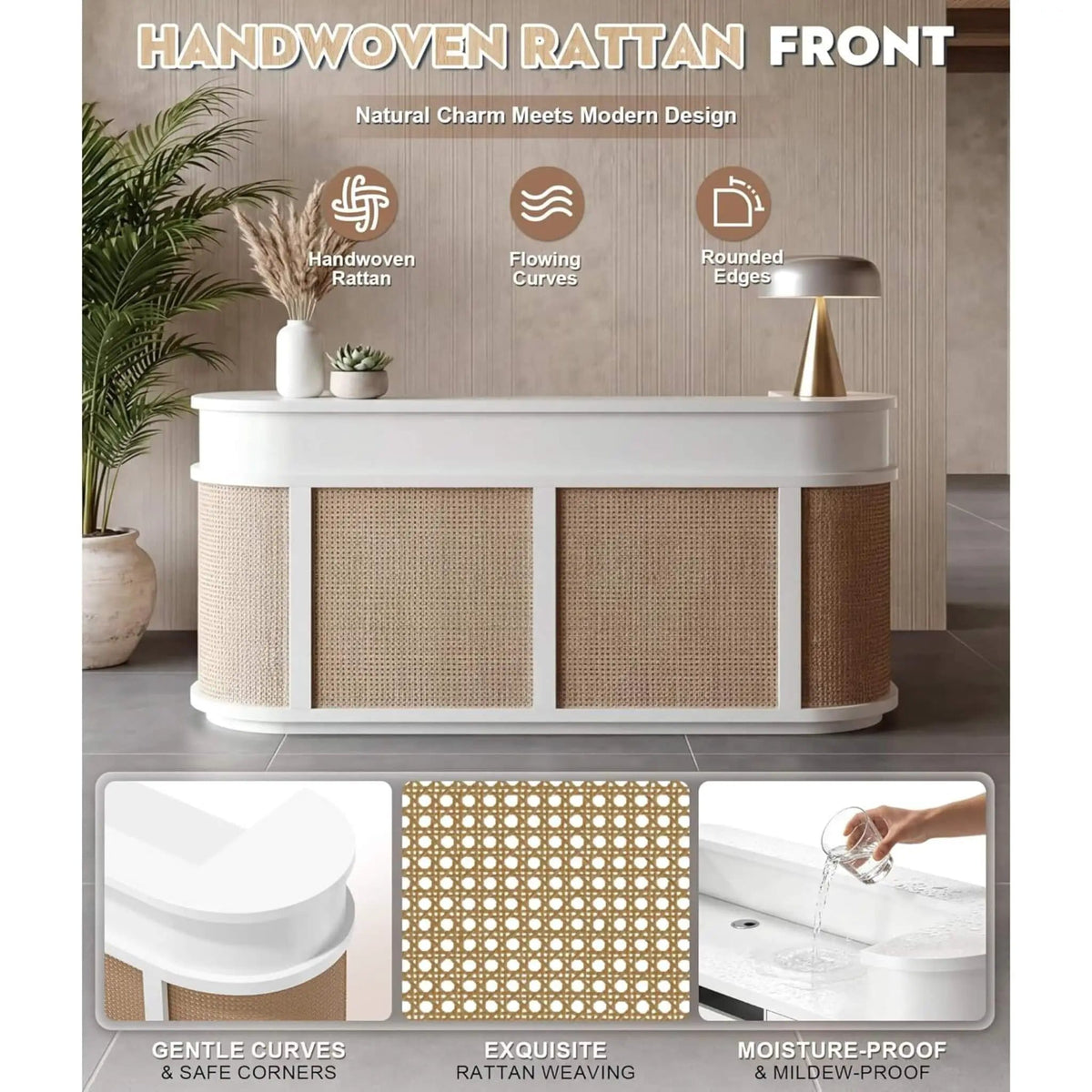 70-Inch Modern Wooden Reception Desk With Lockable Drawers | 70 Inch | Rattan | Home Office
