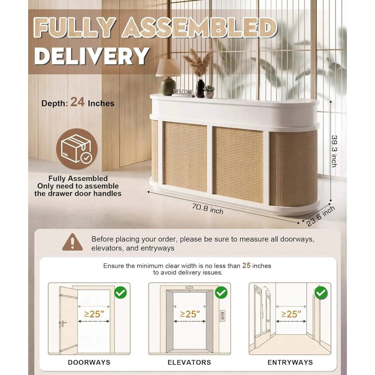 70-Inch Modern Wooden Reception Desk With Lockable Drawers | 70 Inch | Rattan | Home Office