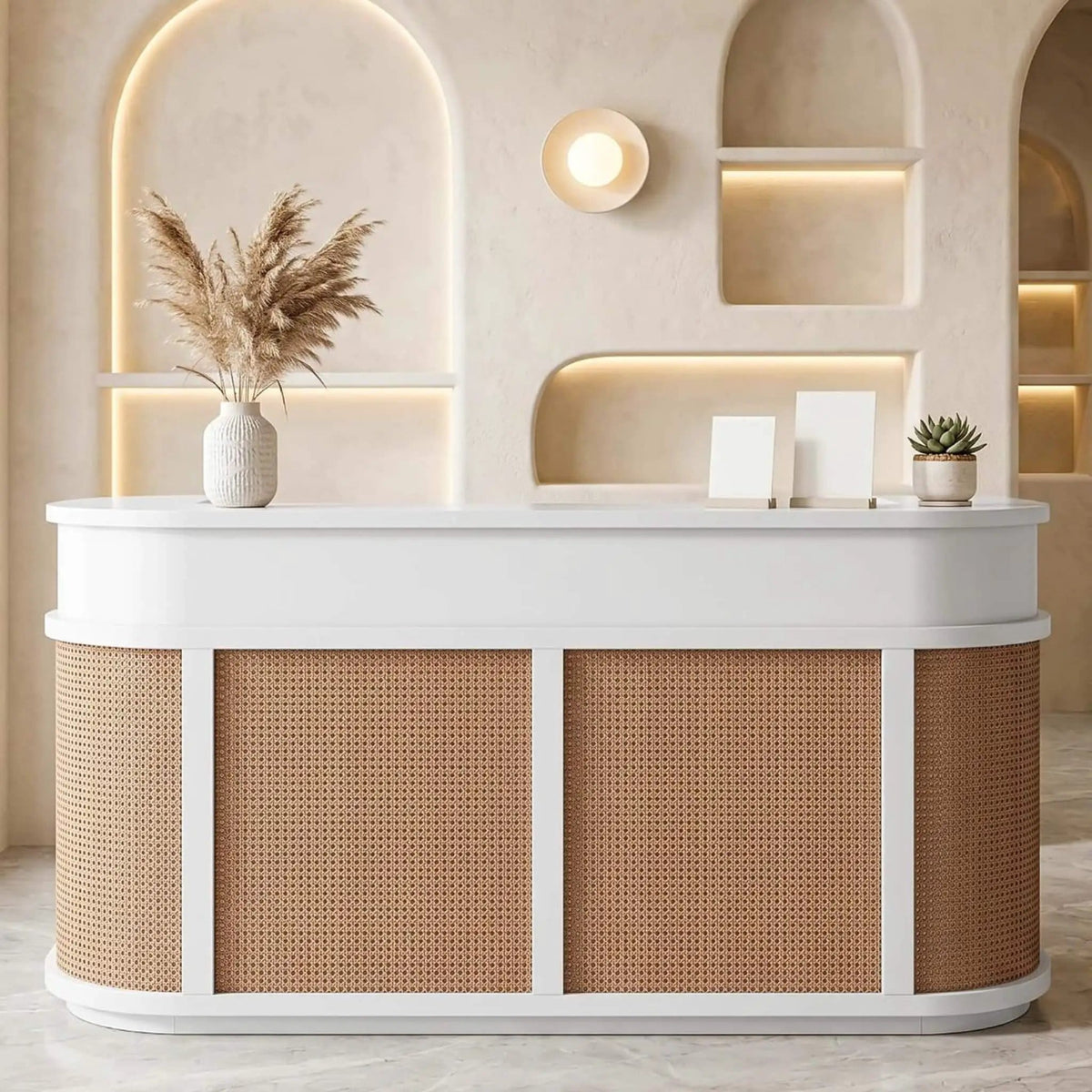 70-Inch Modern Wooden Reception Desk With Lockable Drawers | 70 Inch | Rattan | Home Office