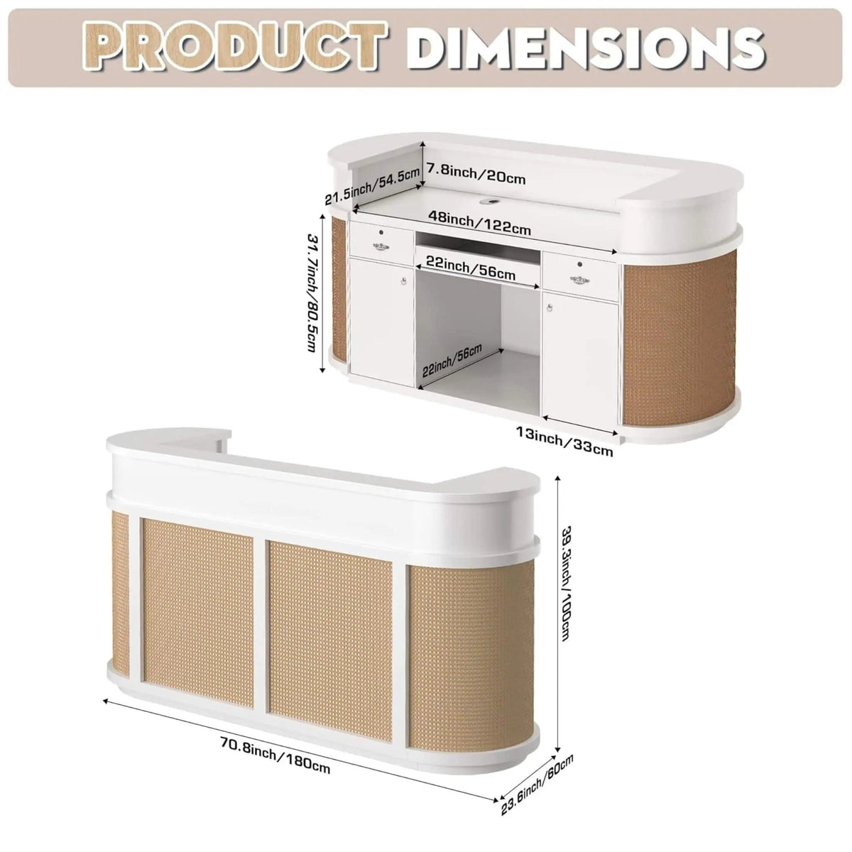 70-Inch Modern Wooden Reception Desk With Lockable Drawers | 70 Inch | Rattan | Home Office