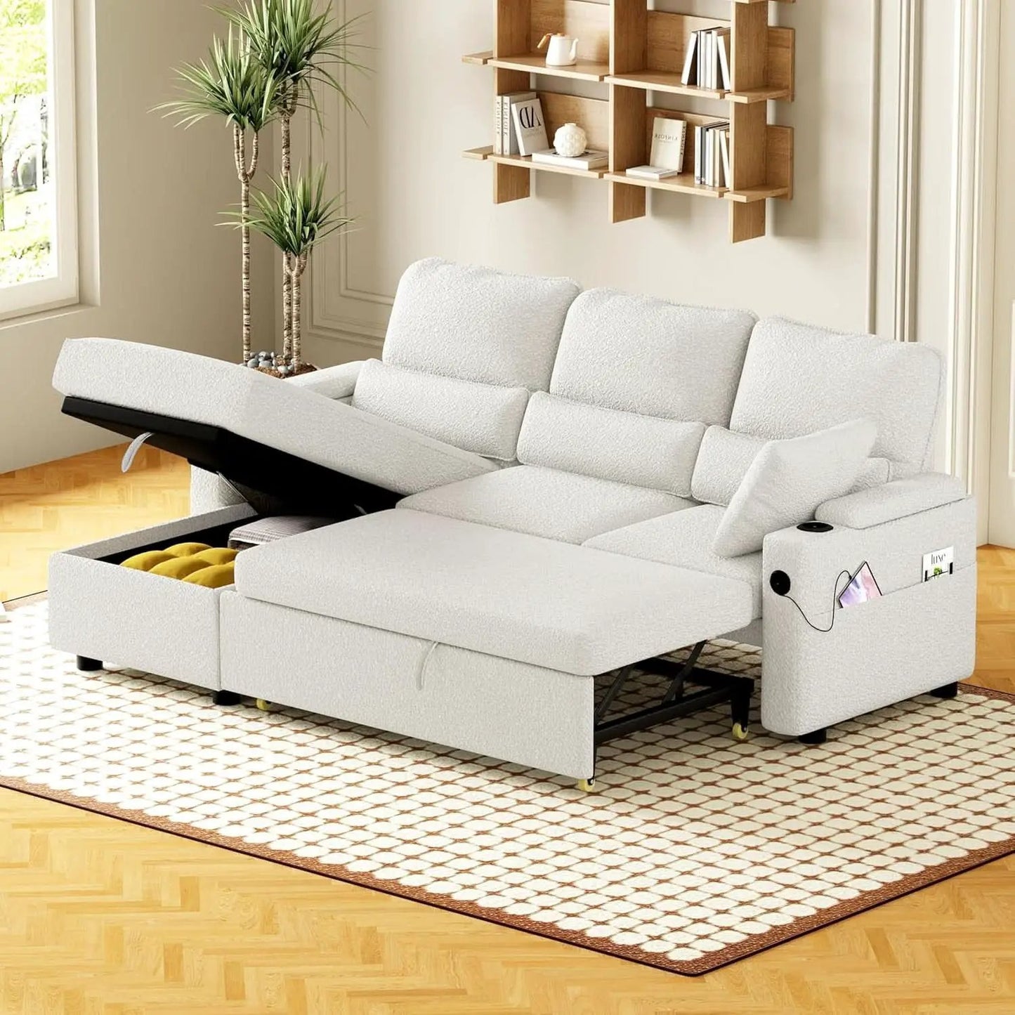 Pull Out Convertible Sofa Bed With Hidden Storage Teddy White from PriceLows™