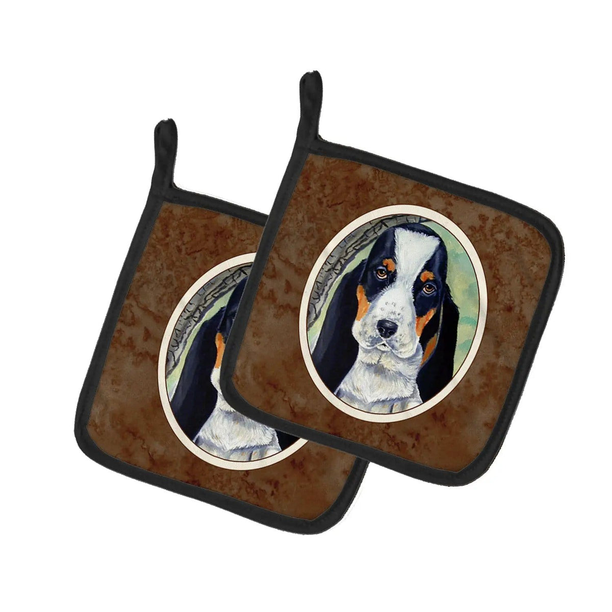 Pot Holder Set of 2 | Heat Resistant Quilted Hot Pads | 7.5 x 7.5 Inch | Basset Hound on the branch