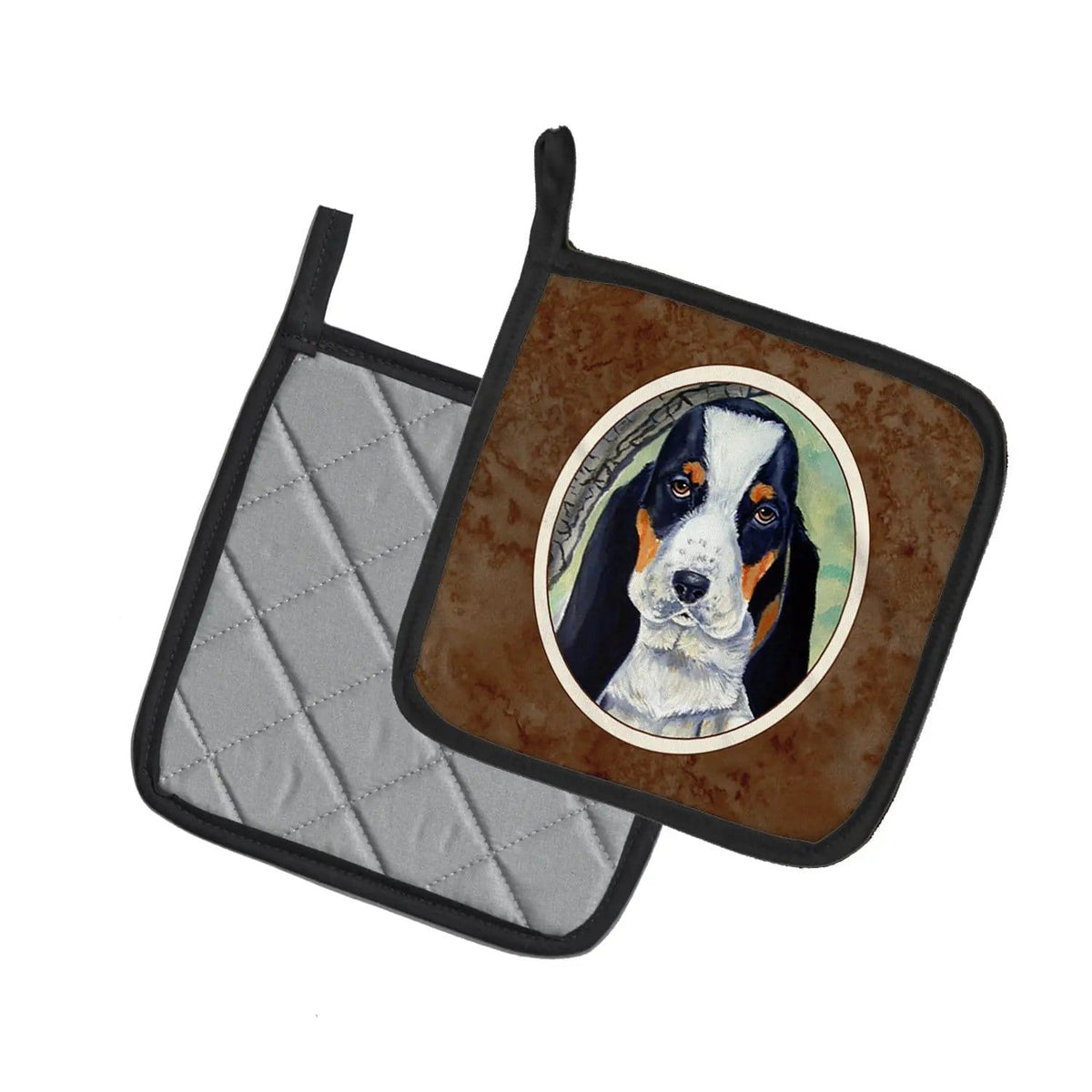 Pot Holder Set of 2 | Heat Resistant Quilted Hot Pads | 7.5 x 7.5 Inch | Basset Hound on the branch